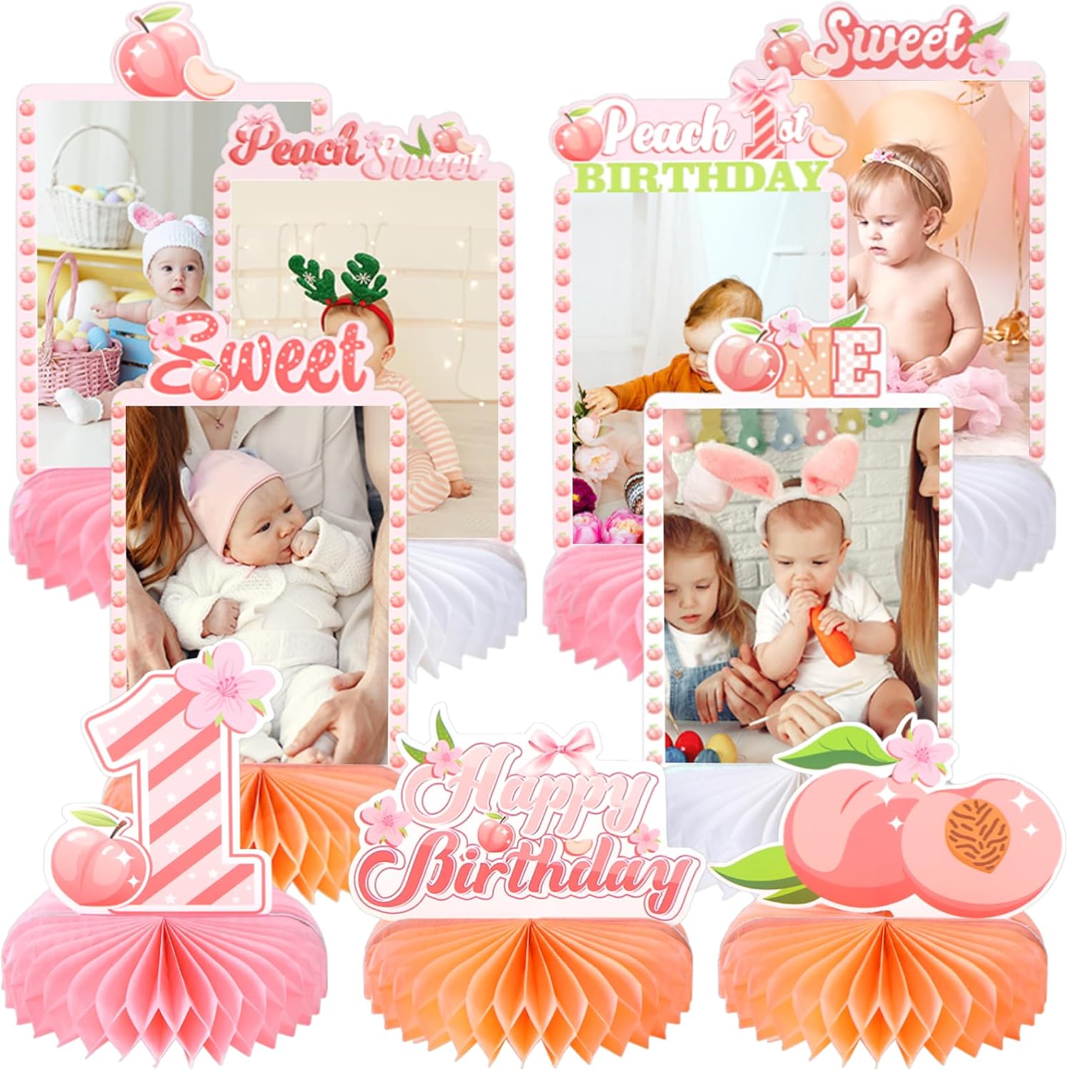 9pcs One Sweet Peach Photo Honeycomb Centerpieces Sweet One First Birthday Party Table Decorations Peach 1st Birthday Tabletop Centerpieces for Baby Shower Peach One Year Table Topper Sign Decorations