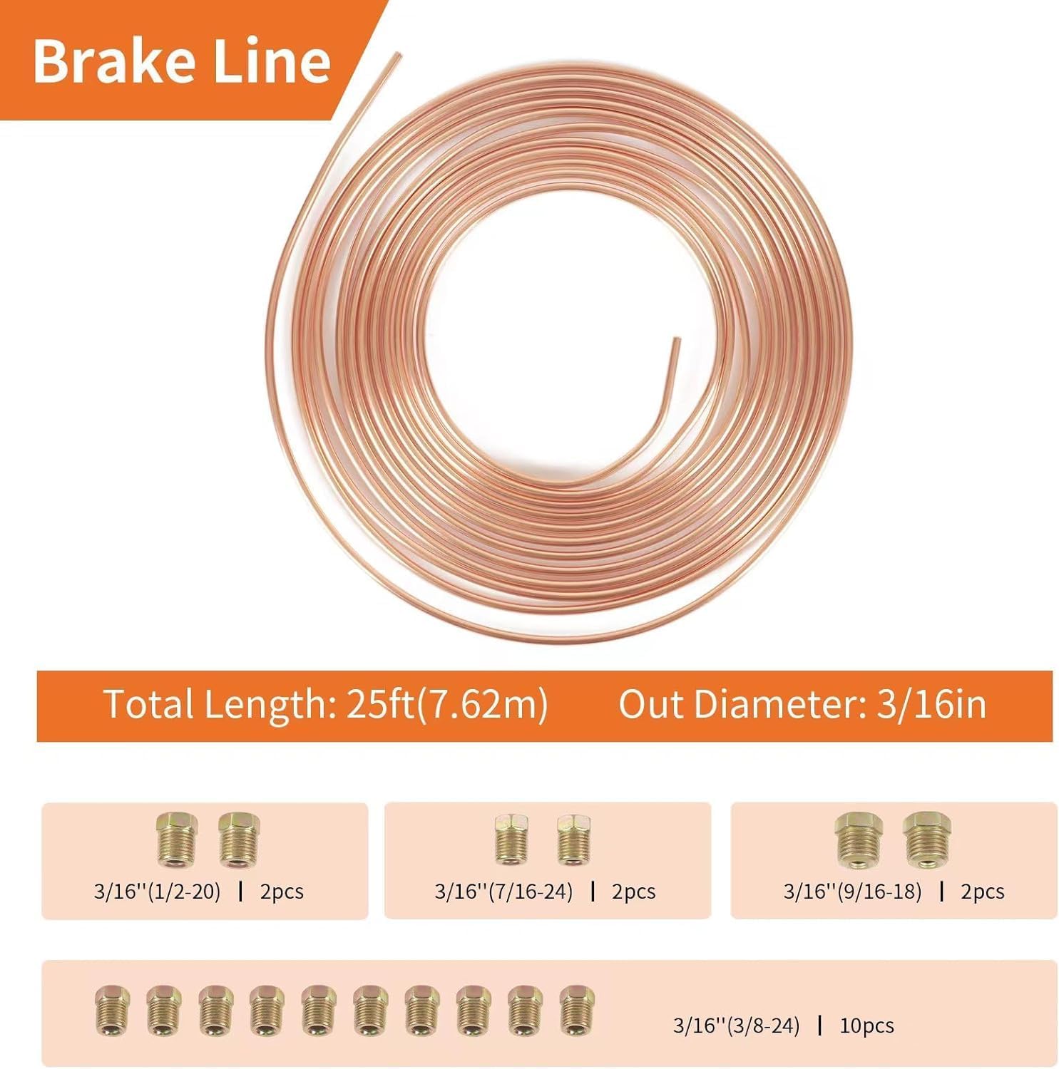 25 ft 3/16 Copper Coated Brake Line Repair Kit (Includes 16 Fittings) + Double & Single Brake Line Flaring Tool Kit + 180 Degree 3 IN 1 Tubing Bender + 2 Tube Cutters