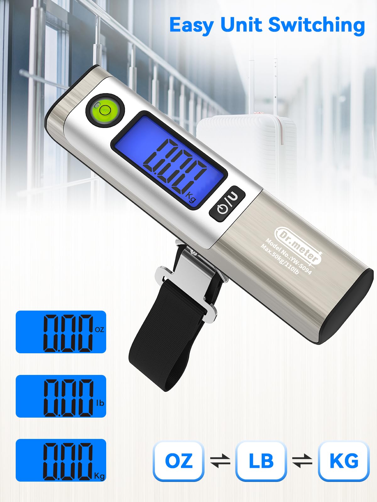 Dr.meter Waga podróżna z taśmą mierniczą, praktyczna cyfrowa waga bagażowa z hakiem (50 kg/110 lb) z wyświetlaczem LCD i ramieniem przeciążeniowym. Zintegrowana taśma miernicza do podróży wraz z