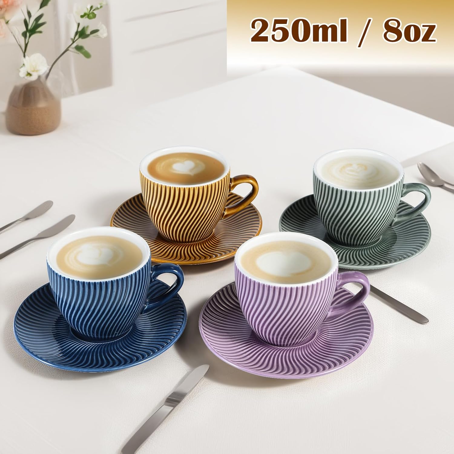 Yundu 8 oz Ceramics Cup & Saucer Sets of 4, Cappuccino Cup, Espresso Cups, Tea Cups and Saucers, Perfect for Coffee or Matcha and Latte (Set of 4 colors)