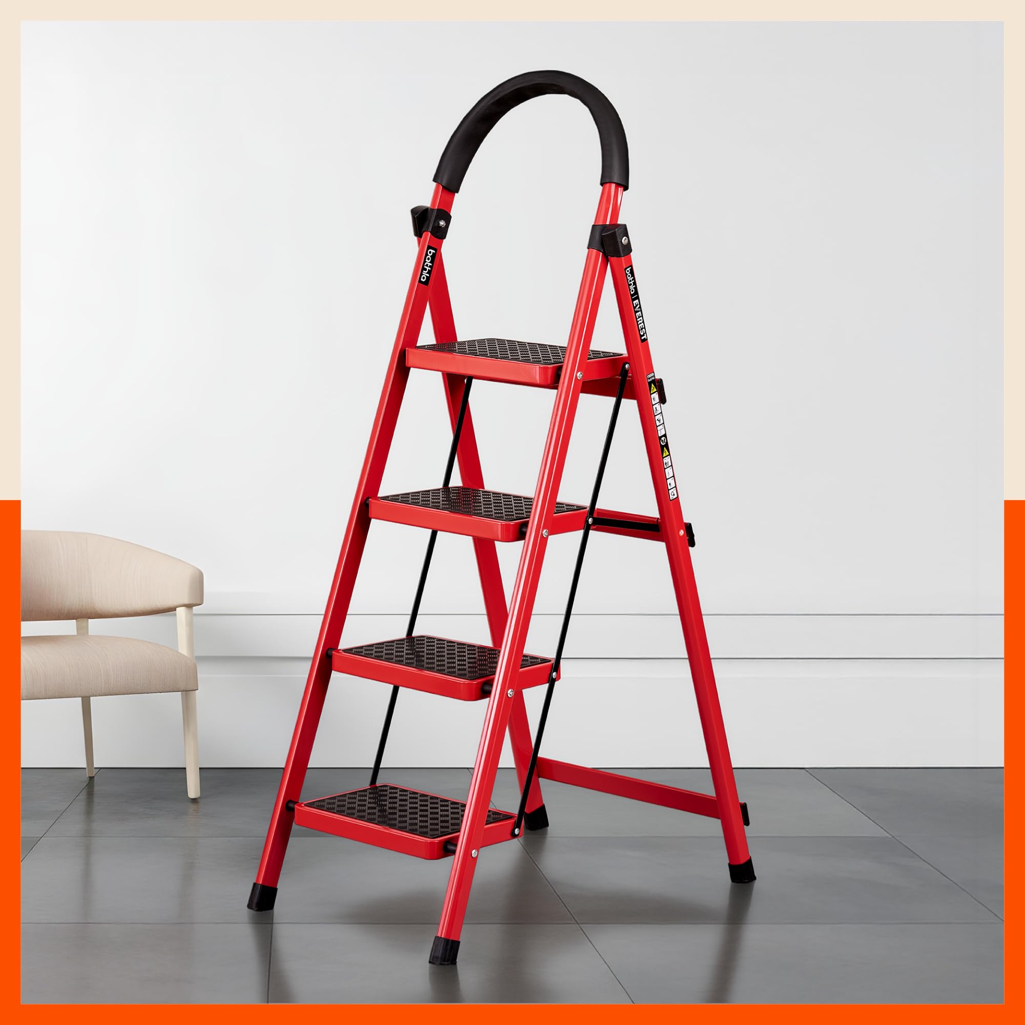 Bathla Everest 5-Step Steel Ladder with Safety Hand Grip | Anti-Skid Wide Steps (30L x 20W cm) | Lightweight, Foldable Ladder for Home & Office | 150Kg Load Capacity | 2 Year Warranty (Red) — Amazon image 12