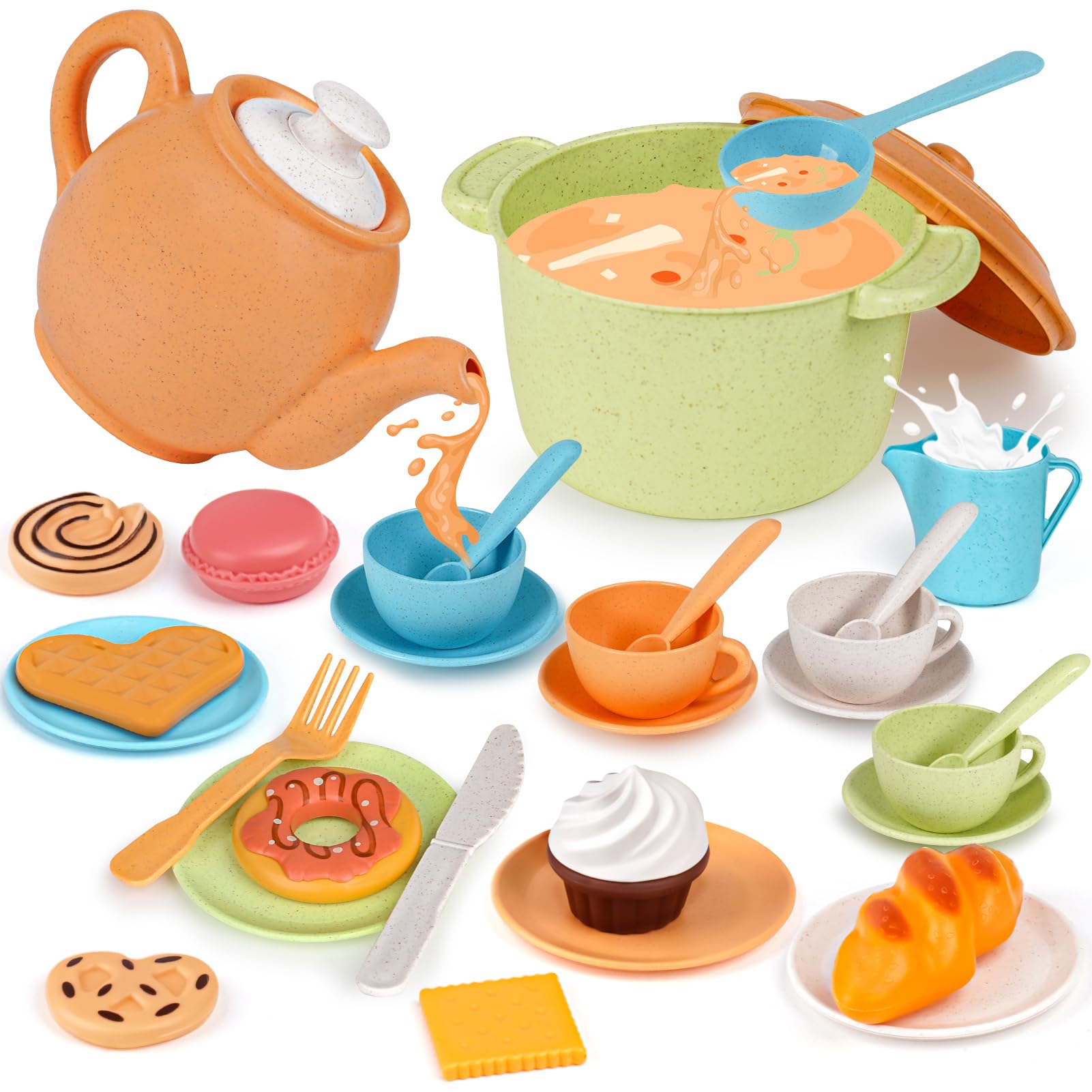 Dreamon Juego de Té para Niños 36PCS, Juego de té Juguete con Postre Juguete Juego de Cocina Educativos Juegos de rol Regalo para Niños Niñas 3 4 5 6 años