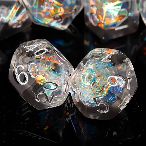 Miniatura 19 de Haxtec DND Conjunto de Dados 7 Piezas Conjunto de Dados de Resina Negro con Inclusión de Mylar Iridiscente Dados Poliédricos D&D