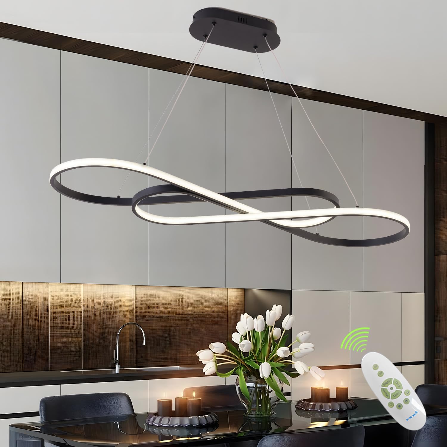 LED Chandelier,39.4inch Modern Led Pendant Light with Remote,Dimmable Black Chandelier for Dining Room,Adjustable Height 45W Aluminium Contemporary Ceiling Hanging Light Fixture for Kitchen Black L39.37"