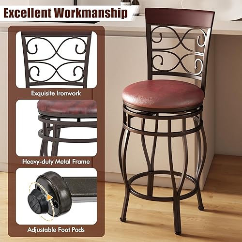 Miniatura 7 de COSTWAY Juego de 4 taburetes de bar giratorios de 25.5 pulgadas de altura de mostrador, con respaldo y reposapiés, silla de desayuno giratoria de