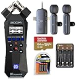 Zoom H1essential 2-Track 32-Bit Float Handy Recorder, Bundle with 3-in-1 Wireless Lavalier Mic, 64GB microSDXC Memory Card, 4x AAA Ni-MH Battery, 4-Bay Charger