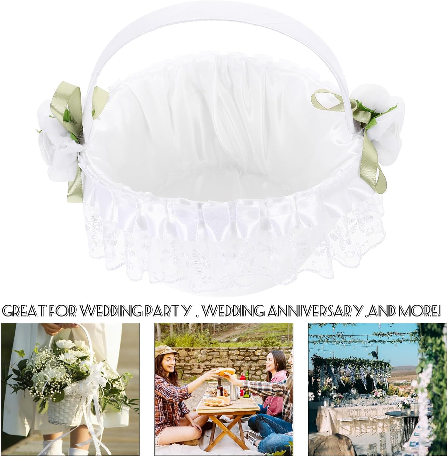 Lace Bowknot Flower Girl Basket Small Satin Wedding Flower Basket for Bridal Shower and Outdoor Ceremony Supplies