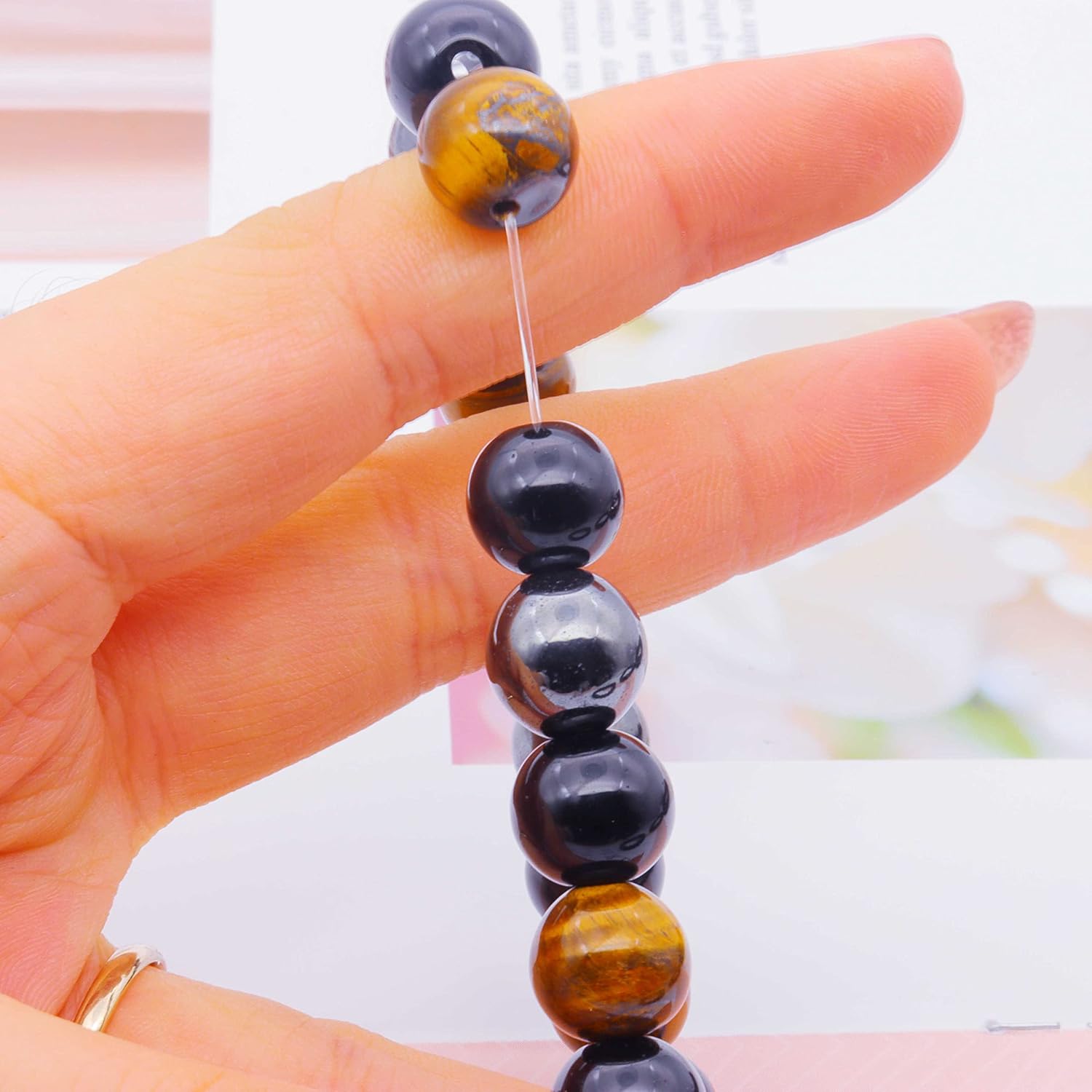 Initial Letter Black Obsidian Beaded Bracelets for Men, Mens Triple Protection Bracelet,10mm Natural Black Onyx Tiger Eye Stone Beads Bracelets