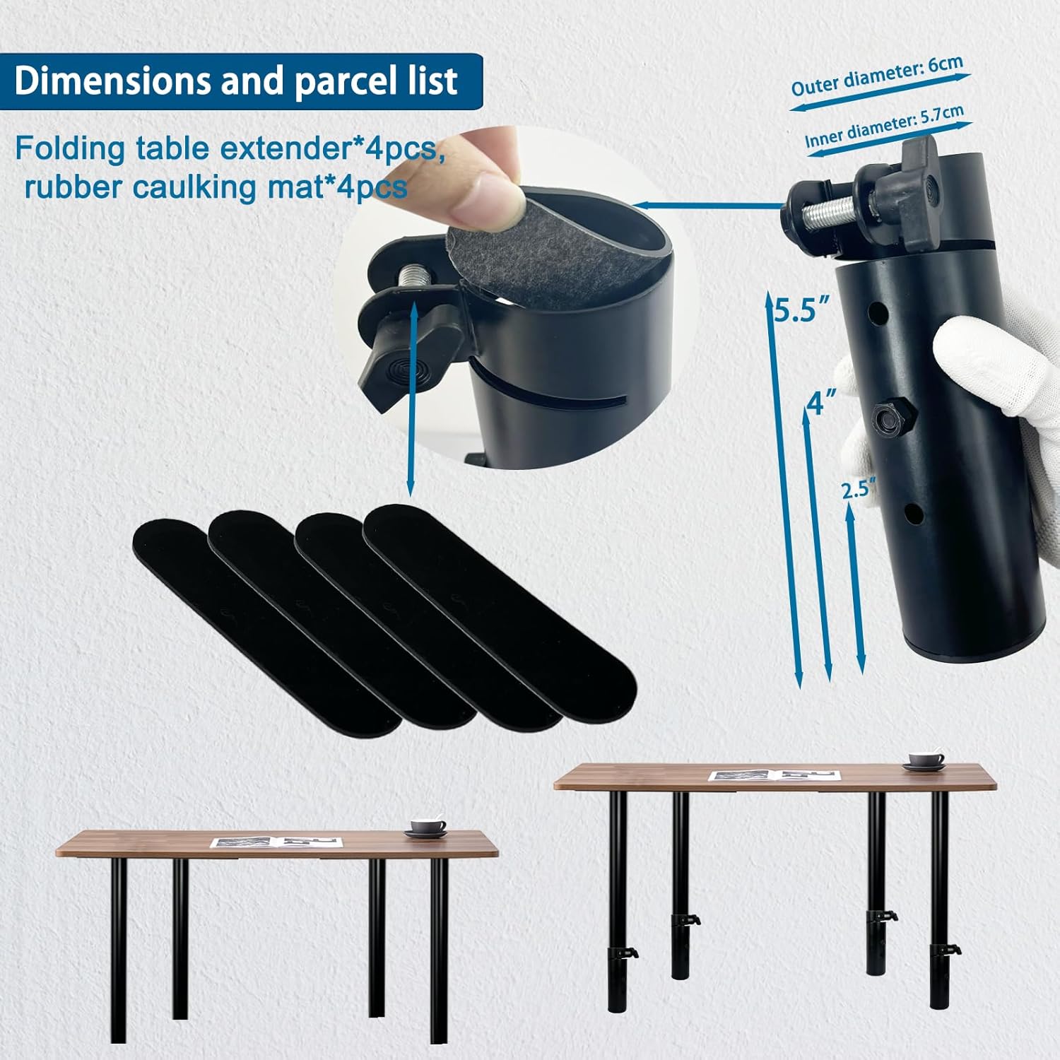 Adjustable Folding Table Legs Clamp Extenders Height Extender 2.5''、4''or 5.5'' Inch for Metal Desk Chair Bar Stool Riser 4 Pack Fits 5.6mm or 7/32 inch Inside Diameter
