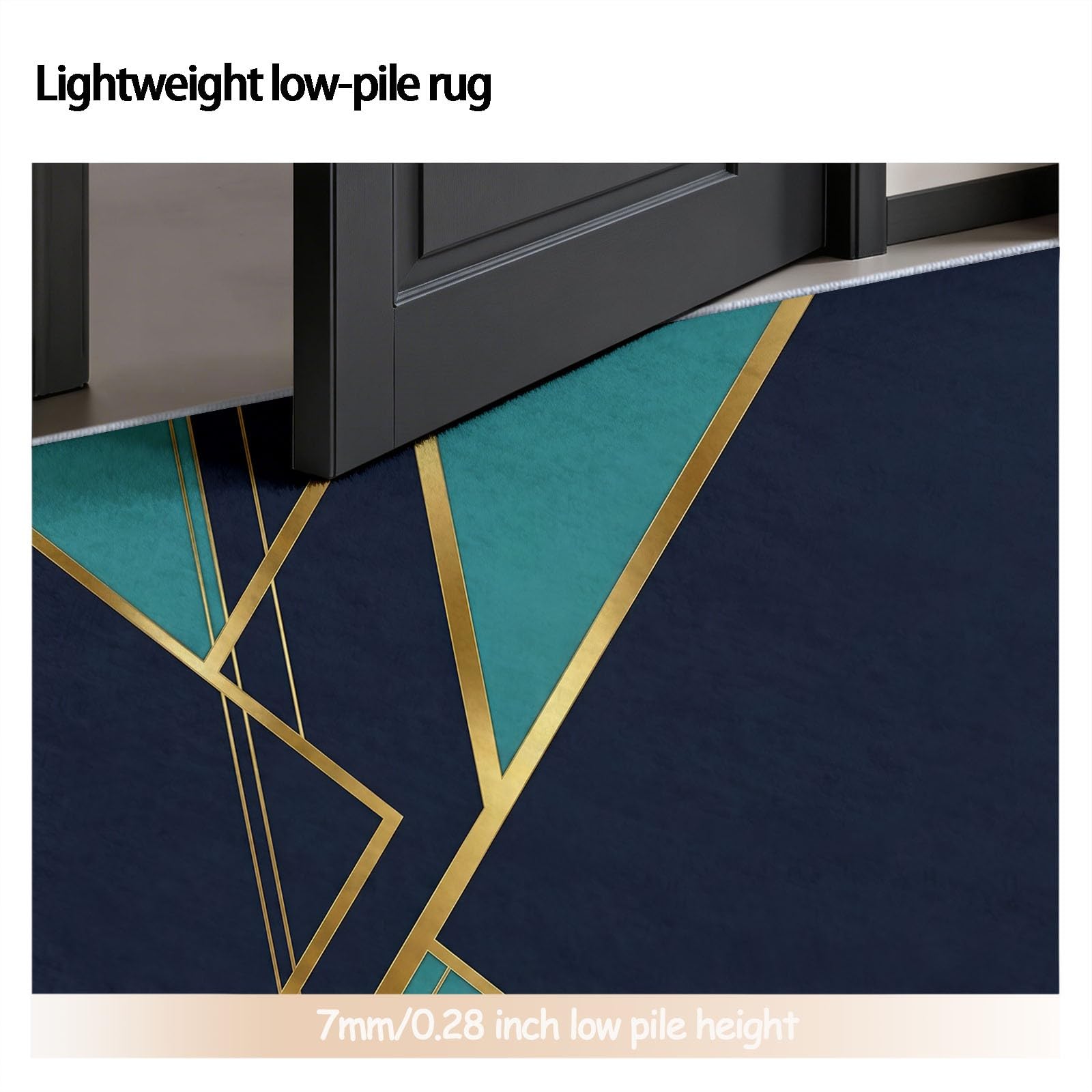 Tapis Rond Salon 180 cm Géométrique Abstrait Blocs De Couleur Bleu Canard & Lignes Dorées Tapis de Sol Décoration Antidérapant pour Salle De Séjour Intérieur, Bleu Doré