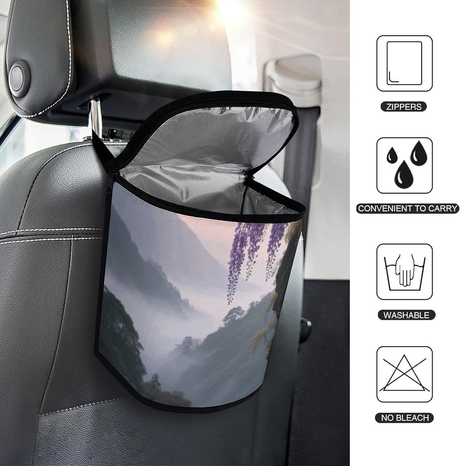 YHNNH Portable Vehicle Garbage Cans with Lid Fog in The Mountains Hanging Trash Storage Bin Leak Proof for Cars SUV Truck
