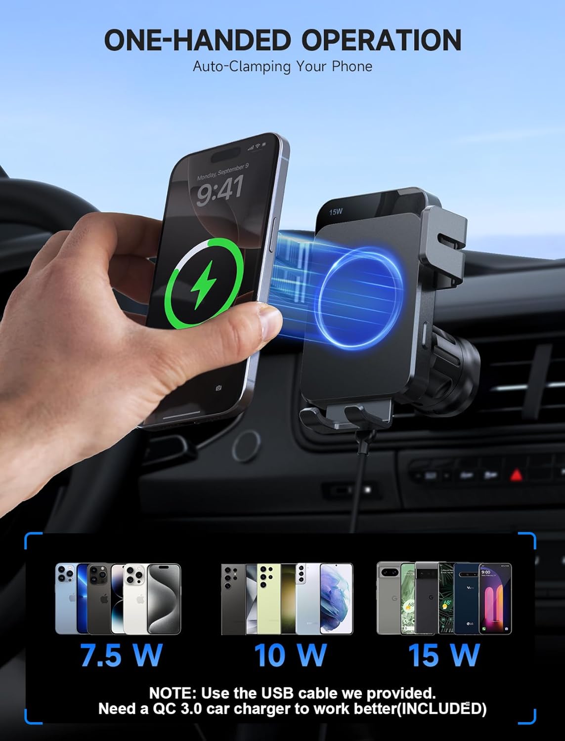 MOKPR Wireless Car Charger, 15W Auto Clamping Car Charger Dash Windshield Air Vent Phone Holder Compatible with iPhone 16 15 14/13/13 Pro/12 pro/12/11/X/8, Samsung S24/S23/S22 - Image 6