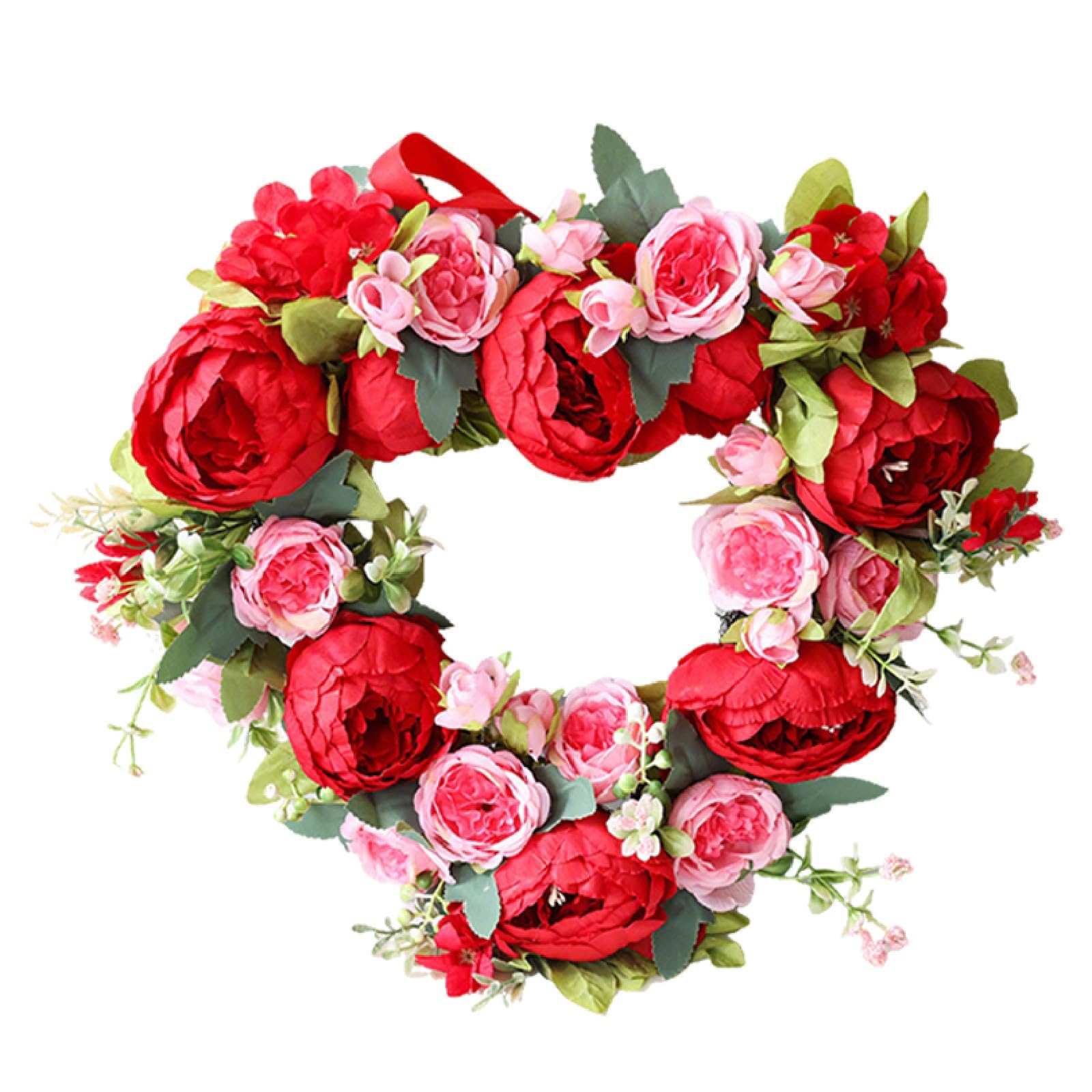 40cm Red Pink Peony Artificial Front Door Wreath, Romantic Silk Floral Wreath with Red Hanging Ribbon, Farmhouse Wedding Valentine Indoor Outdoor Wall Window Decor (40cm,Red)