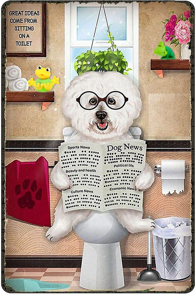 Dutis Daiercy Bichon Frise Reading Dog News Vintage Tin Sign Dog Sign Funny Bathroom Decor Dog Lovers Gift Toilet Decor Restroom Decor For Home Office Cafe Bar Housewarming 5.5X8 Inch