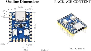 RP2350-Zero Mini Development Board, RP2350 MCU Board Based On RPi Dual-Core&Dual-Architecture Chip, Onboard USB Type-C Connector, 29xMulti-Function GPIO Pins, with Pre-Soldered Header
