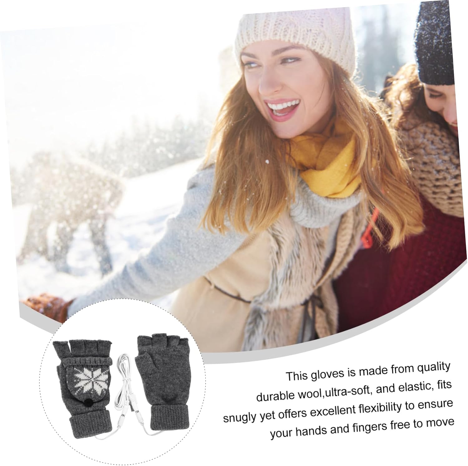 VICASKY Usb Powered Half Finger Gloves for Women Men Snowflake Design for Typing Gaming Outdoor Activities