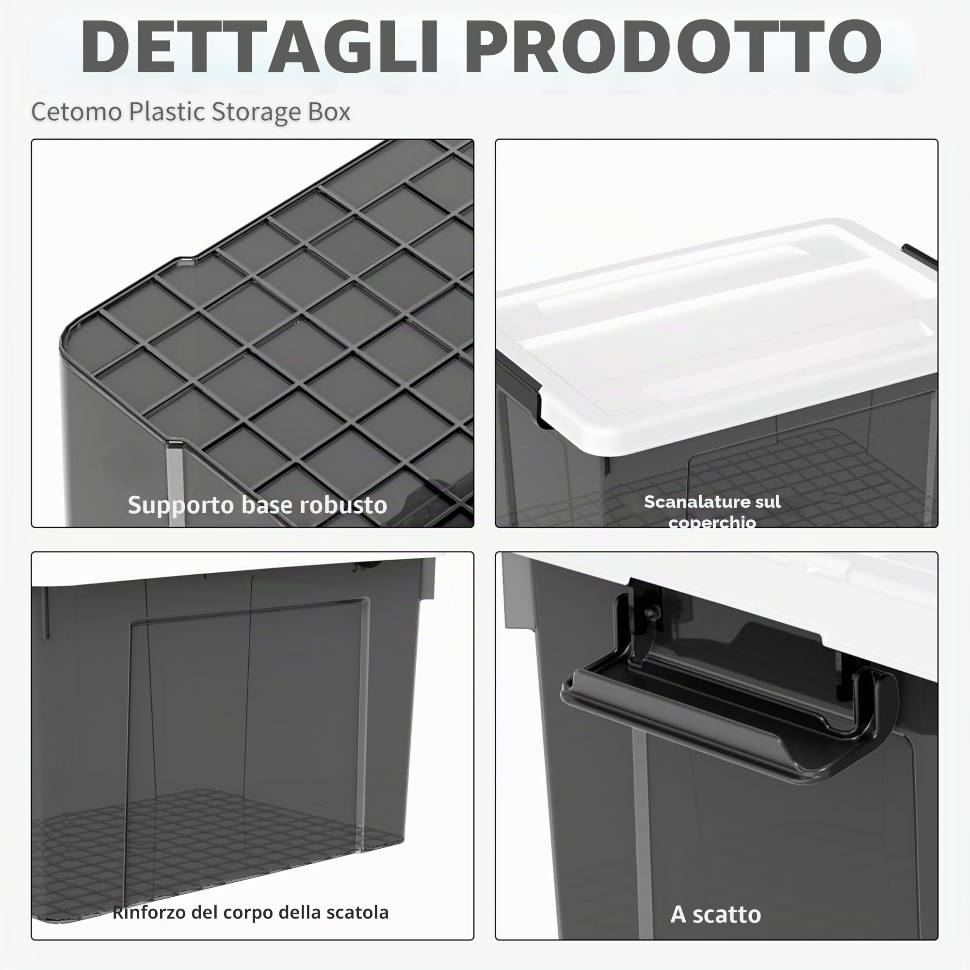 Cetomo 90L*3 Scatole di Stoccaggio in Plastica, Scatole Portaoggetti con Coperchio, Organizzatore, Contenitori per Casa e Ufficio, Impilabile, Resistente, Nero Chiaro, 90L - Confezione da 3