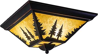 VAXCEL Yosemite Flush Mount Rustic Ceiling Light, Tree Silhouette, Dimmable Indoor Outdoor Lighting, Burnished Bronze Finish, Amber Flake Glass
