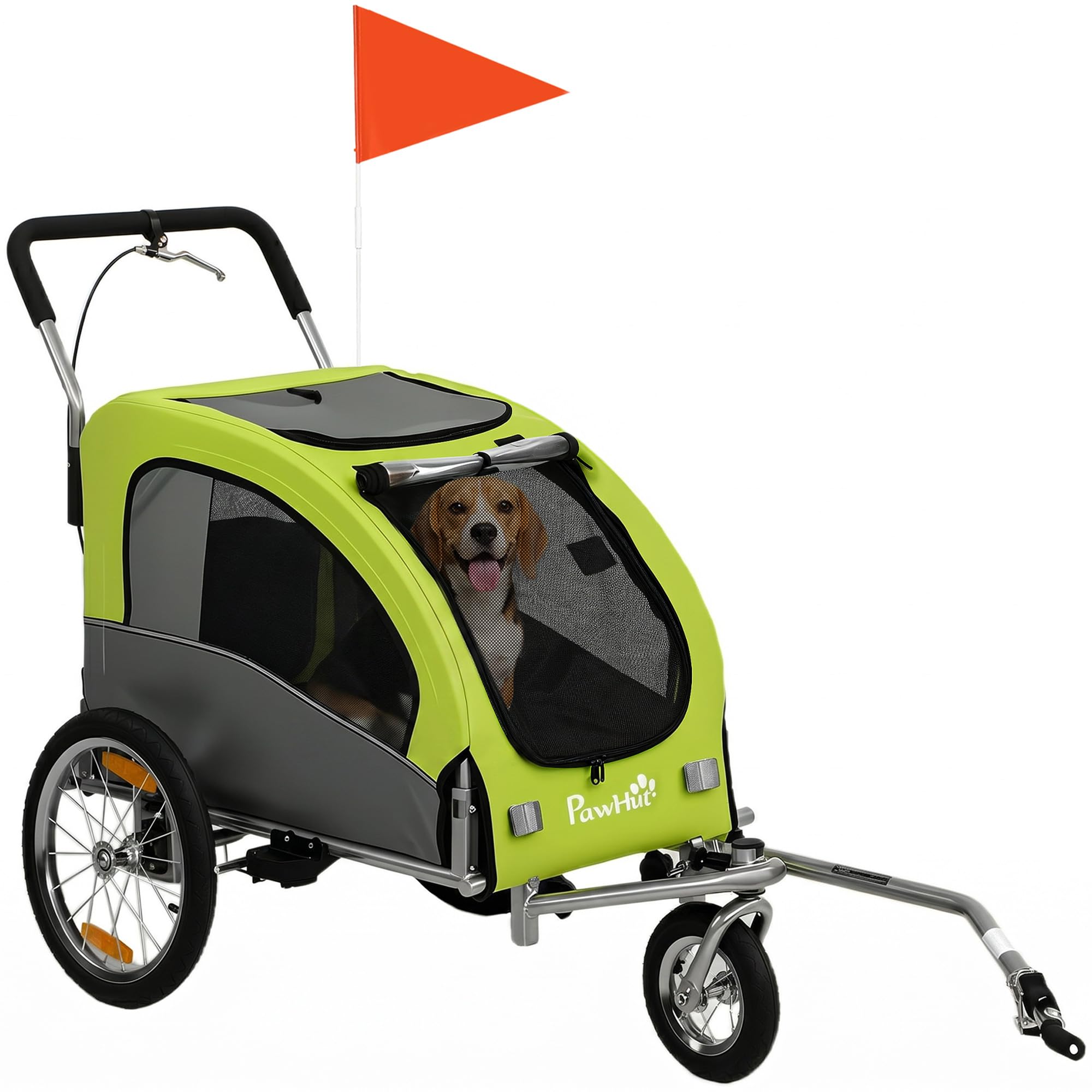 PawHut Remolque de Bicicleta Perros 2 en 1, Carrito para Perros Medianos y Gatos Plegable con Suspensión, Neumáticos Grandes, Ventanas de Malla, Freno de Mano, Reflectores, Bandera, Verde