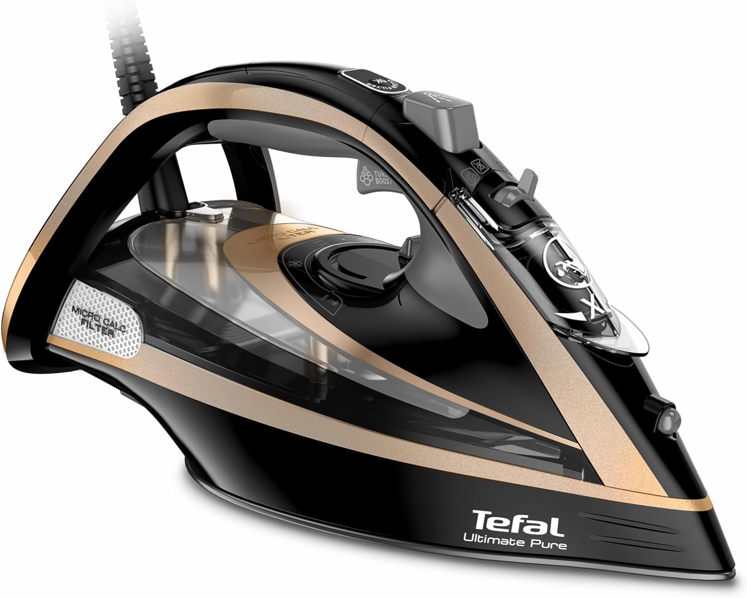 Black and gold Tefal Ultimate Pure steam iron with Durilium soleplate