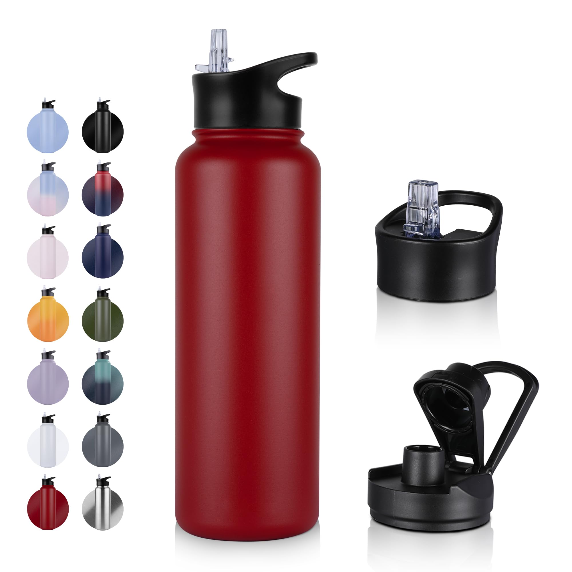 UMBFUN Insulated Water Bottle - 1.2L 2 Lids (Straw Lid and Spout Lid) - with Straw,Stainless Steel Double-Walled Insulated Vacuum Leakproof,BPA Free,Drink Flask for Travel Sports Gym Camping Hiking