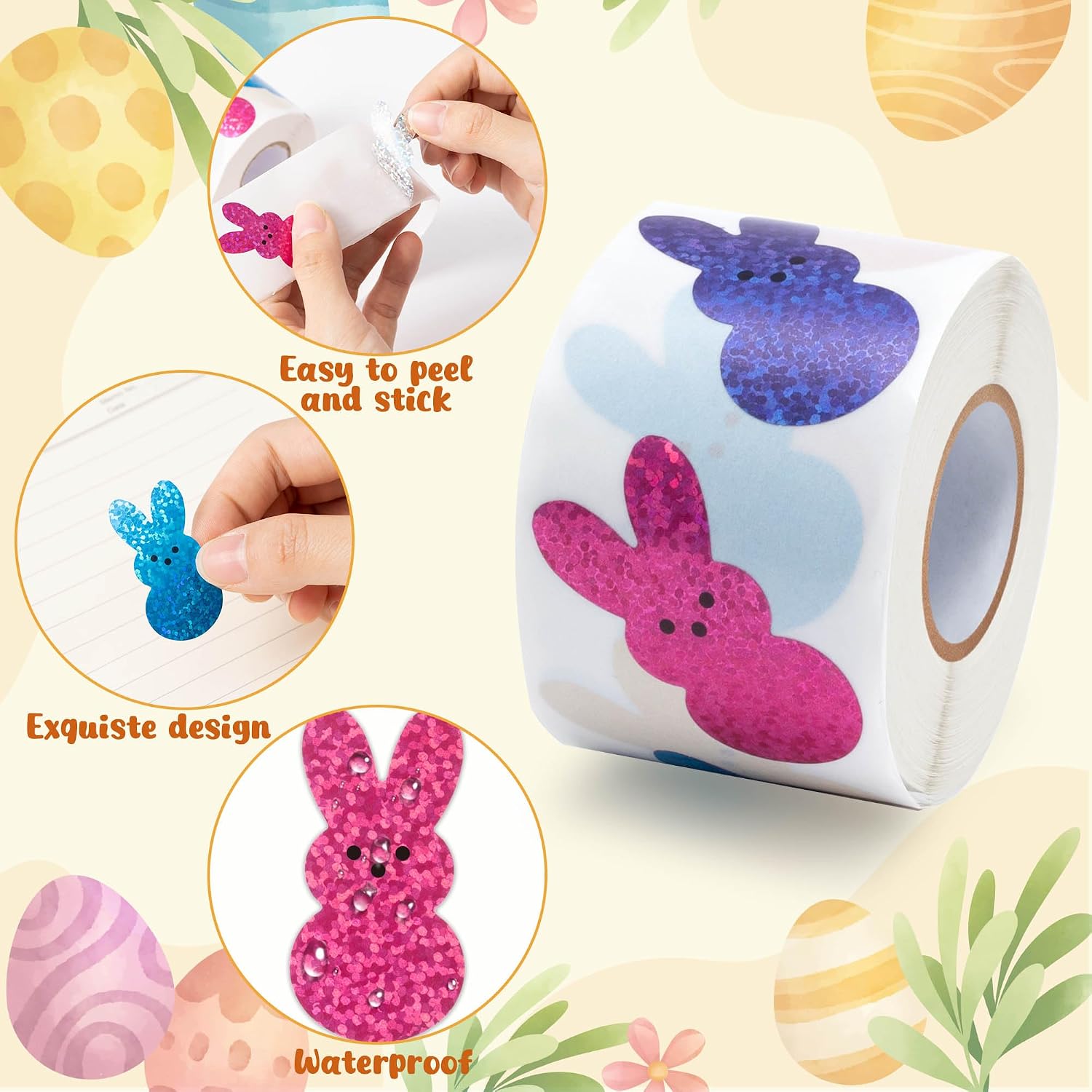 BeYumi Easter Laser Bunny Sticker - 1000Pcs Laser Bunny Peeps Stickers in 2 Rolls Holographic Colorful Sparkly Glitter Easter Egg Rabbit Adhesive Decal Gift Holiday Party Cards Envelope Decor for Kids image 3