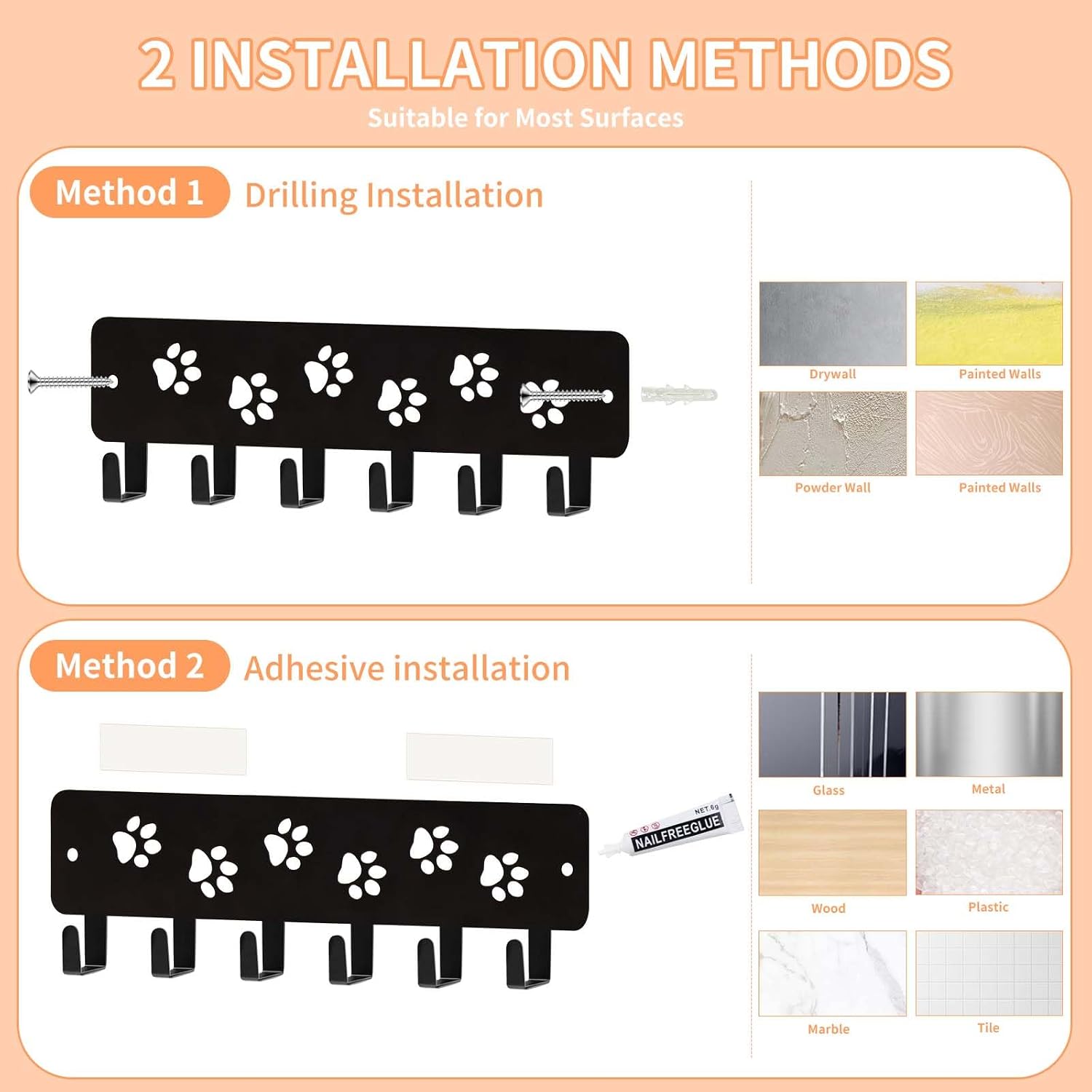 Key Hooks Key Holder Decorative Dog Leash Holder for Wall, 6 Hooks 9.75×2.73 inch for Wall Decorative Animal Storage Rack Adhesive, Black Hooks for Entrance Living Room Kitchen-Gifts for Dog Lovers