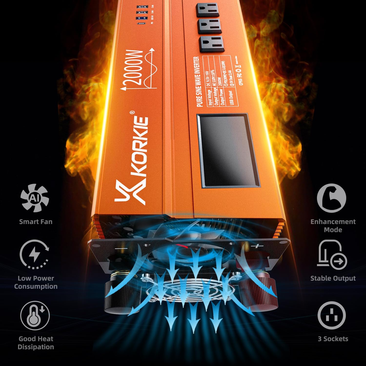 KORKIE 2000W Pure Sine Wave Inverter with internal cooling system diagram