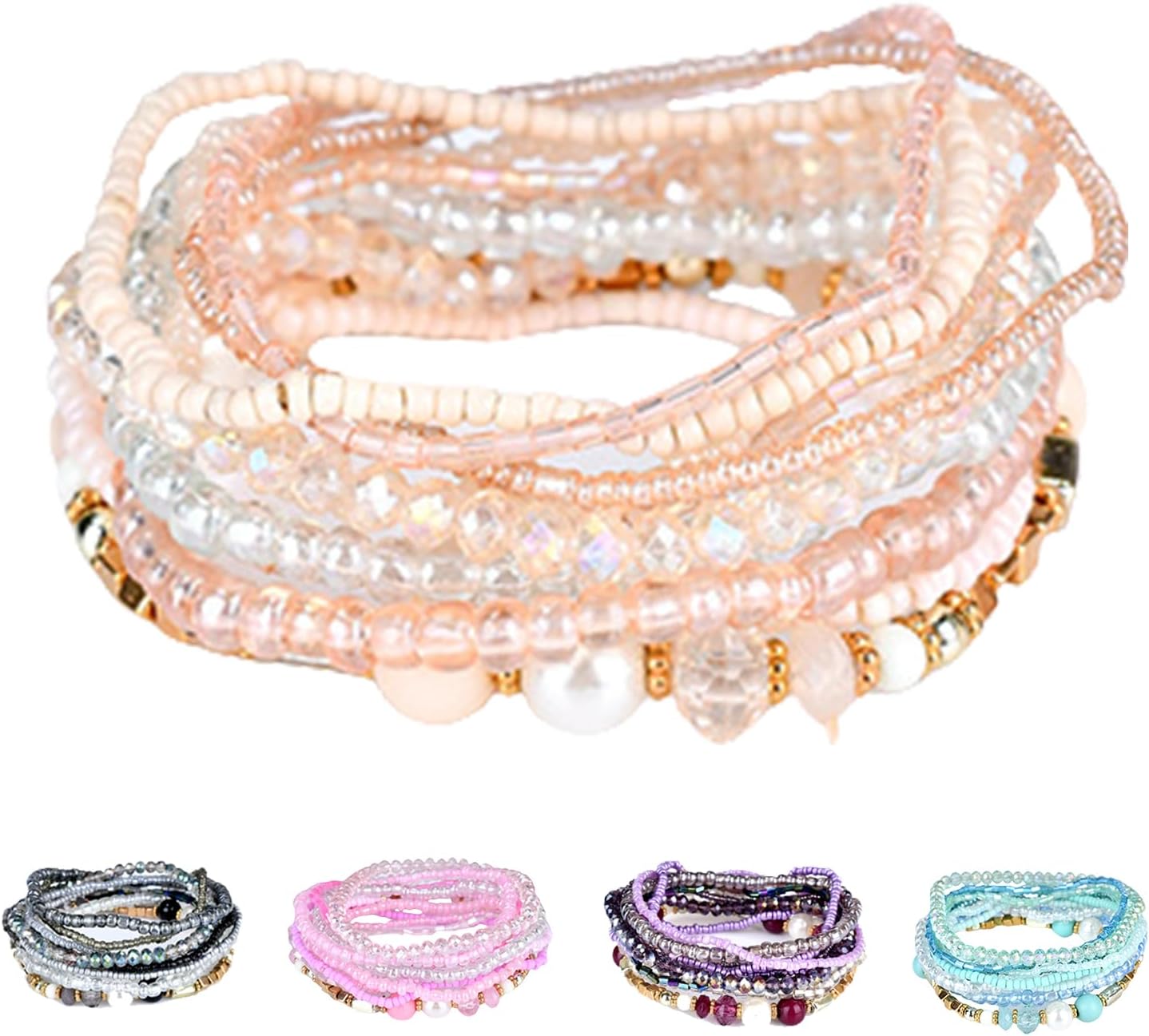 Multi Layers Handmade Bracelet Bohemian Beaded Bracelet Colorful Strand Wrap Layered White Faux Pearl (Beige)