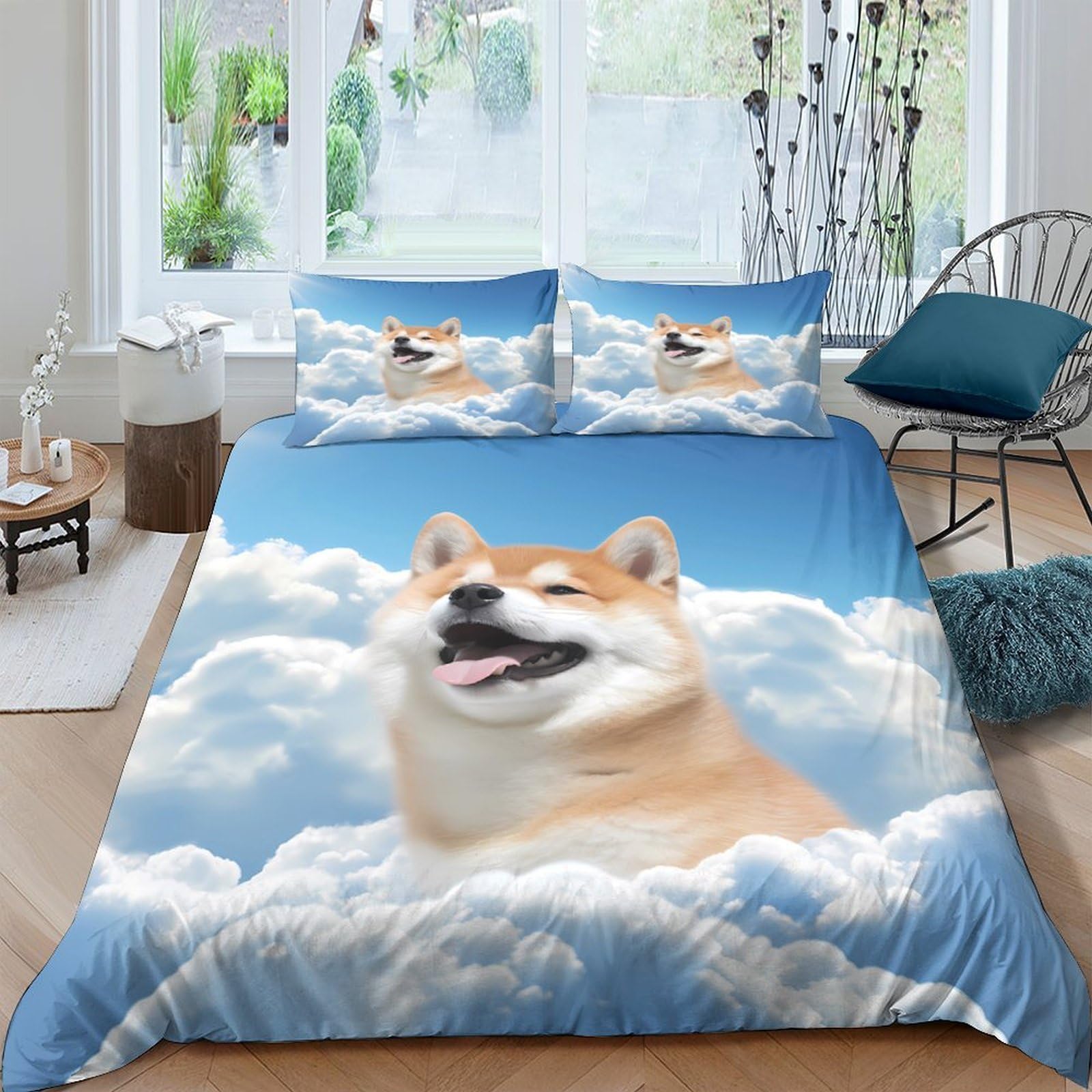 Ctjqhvkz Style-8 3D Printed Shiba Inu Cloud Fitted Sheet Microfiber Soft Blue Sky Dog Mattress Cover For Bedroom Dorm Home Decor Single（135X200cm）