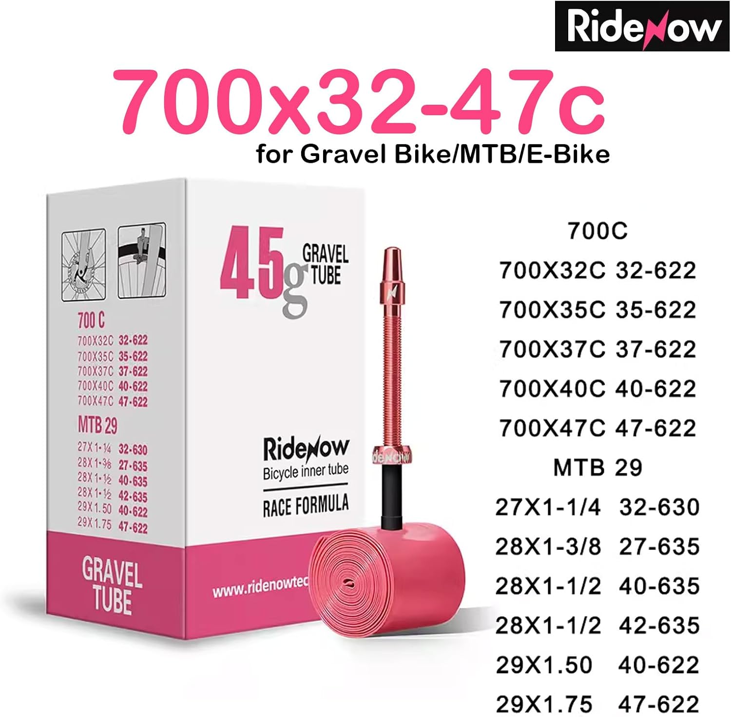 2 Pack RideNow TPU Inner Tubes 700C x 18-32C / 32-47C with 45mm/65mm/85mm Metal Presta Valve, Removable Valve Cores for All Road or Gravel Bike (Include Bike Tube Patch Repair Kit)