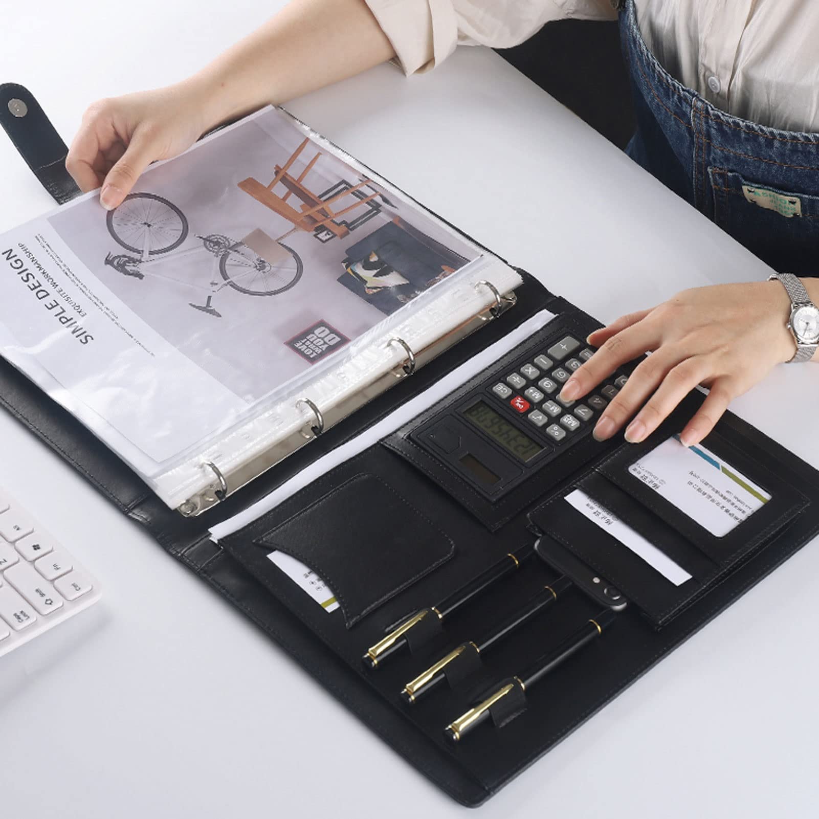 Zdejmujący się Ring Binder i Notepad, Organizer do segregatora A4, skórzany notes z kalkulatorem i 15 kieszonkami informacyjnymi, 13,2 x 10 cali, opakowanie 1 szt