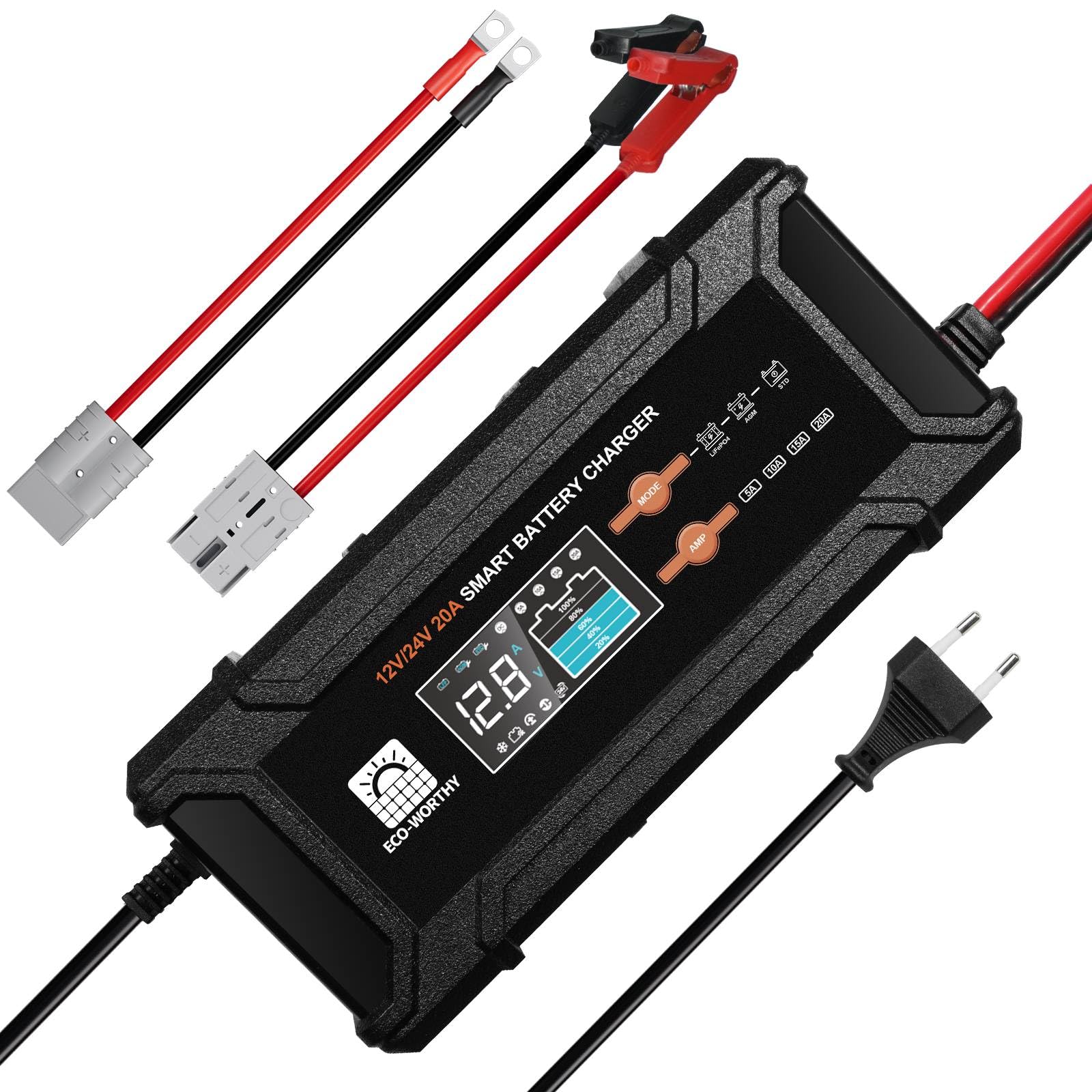 ECO-WORTHY 12V/24V 20A LiFePO4 Batterieladegerät mit Multi-Current Optionen 5A/10A/15A/20A,automatische LiFePO4 Blei-Säure Batterie Spannungserkennung für Auto LKW Motorrad Rasenmäher