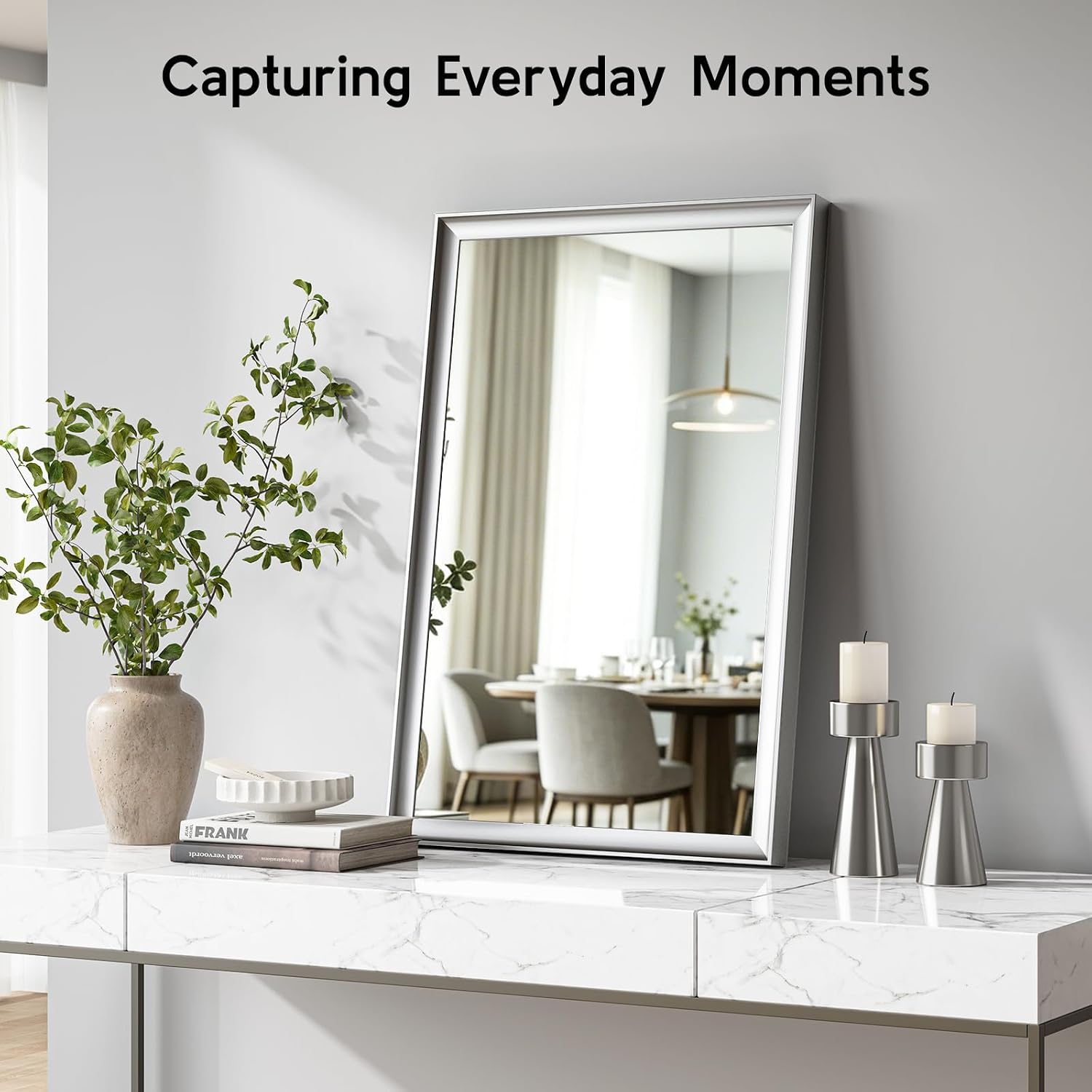 Brushed Nickel Bathroom Mirrors for Over Sink 24x36 Inch, Silver Rectangle Vanity Mirror for Bedroom, Entryway, Living Room, Aluminum Alloy Framed, Inner Curved Wide Edge, Anti-Rust