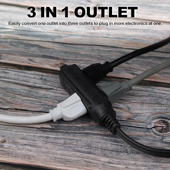 EP 1 Ft 16/3 3 Outlet Extension Cord with Flat Plug 2 Pack, Black | 16 Gauge 3 Prong Grounded, SPT-3 Power Cable for Indoor Use, ETL Listed