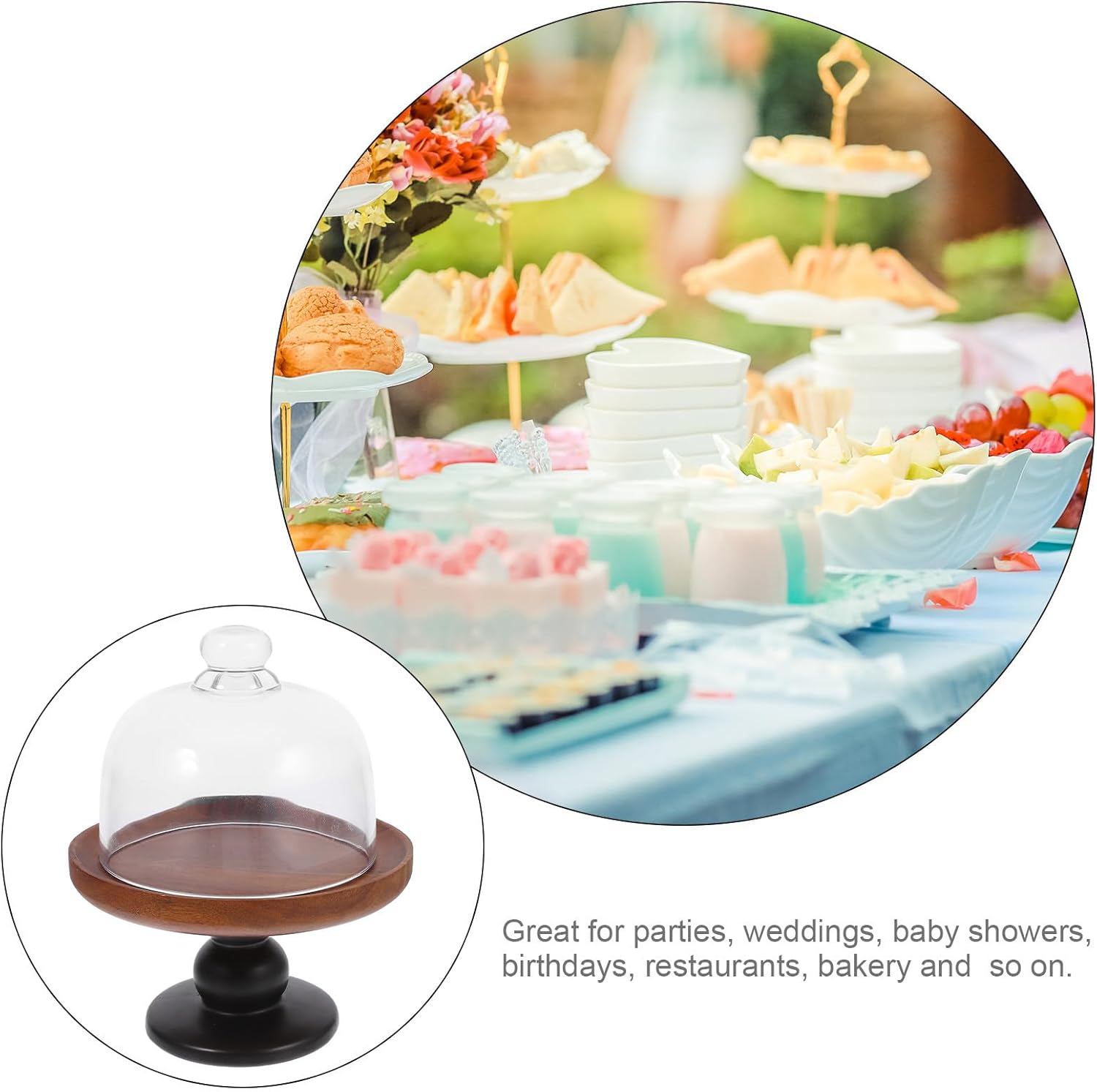Vintage Acacia Wood Cake Stand with Tall Footed Base and Glass Dome Cover Elegant Dessert Display for Weddings Parties Birthdays for Cakes Pastries Fruits and Appetizers