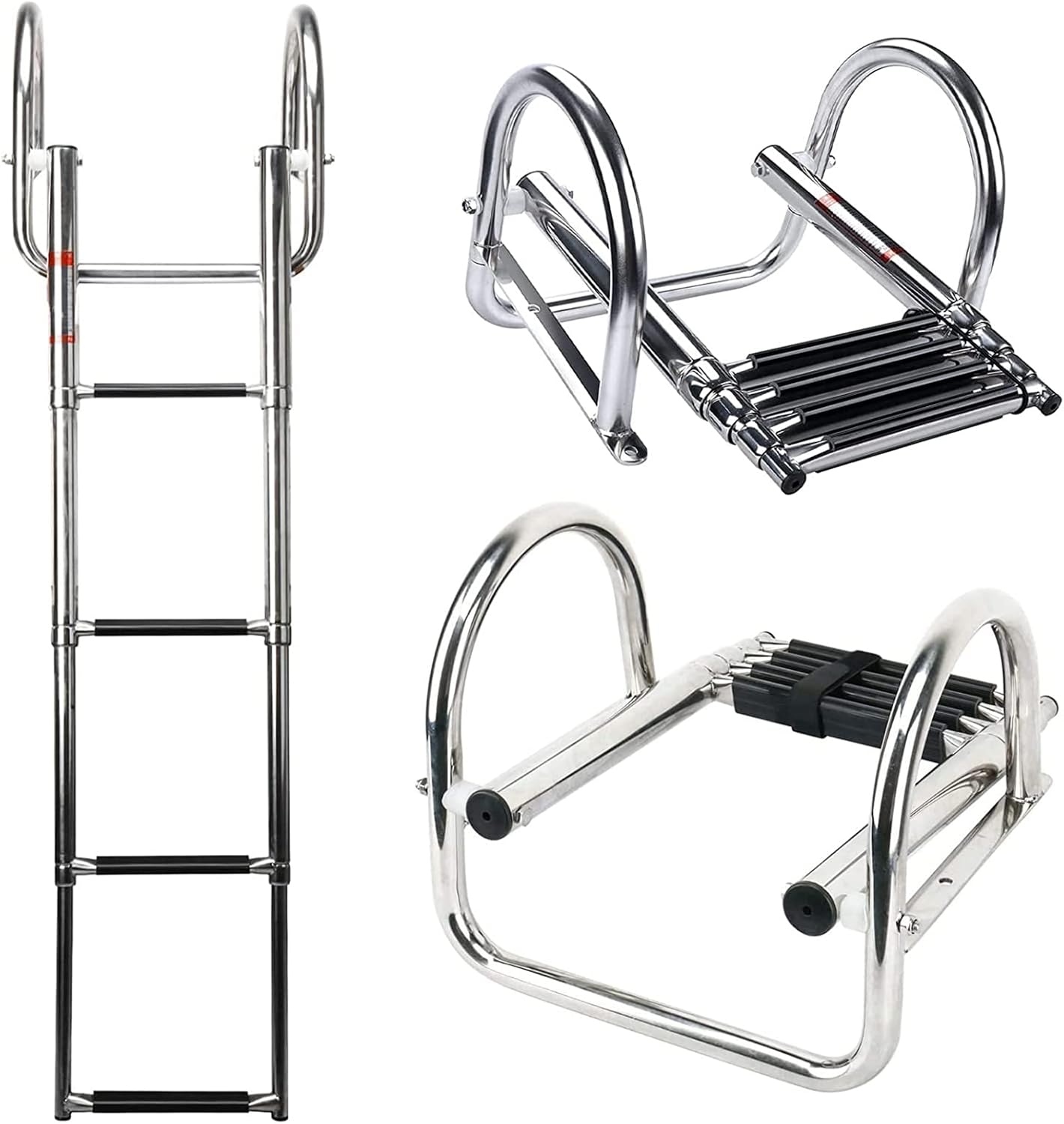 Pontoon Boat Ladder 4 Steps Stainless Steel Folding Telescoping Rear Entry Inboard Ladder Heavy Duty Custom Swim Deck Ladder with Pedal Hand Railing Ladder