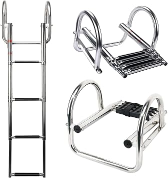 Pontoon Boat Ladder 4 Steps Stainless Steel Folding Telescoping Rear Entry Inboard Ladder Heavy Duty Custom Swim Deck Ladder with Pedal Hand Railing Ladder