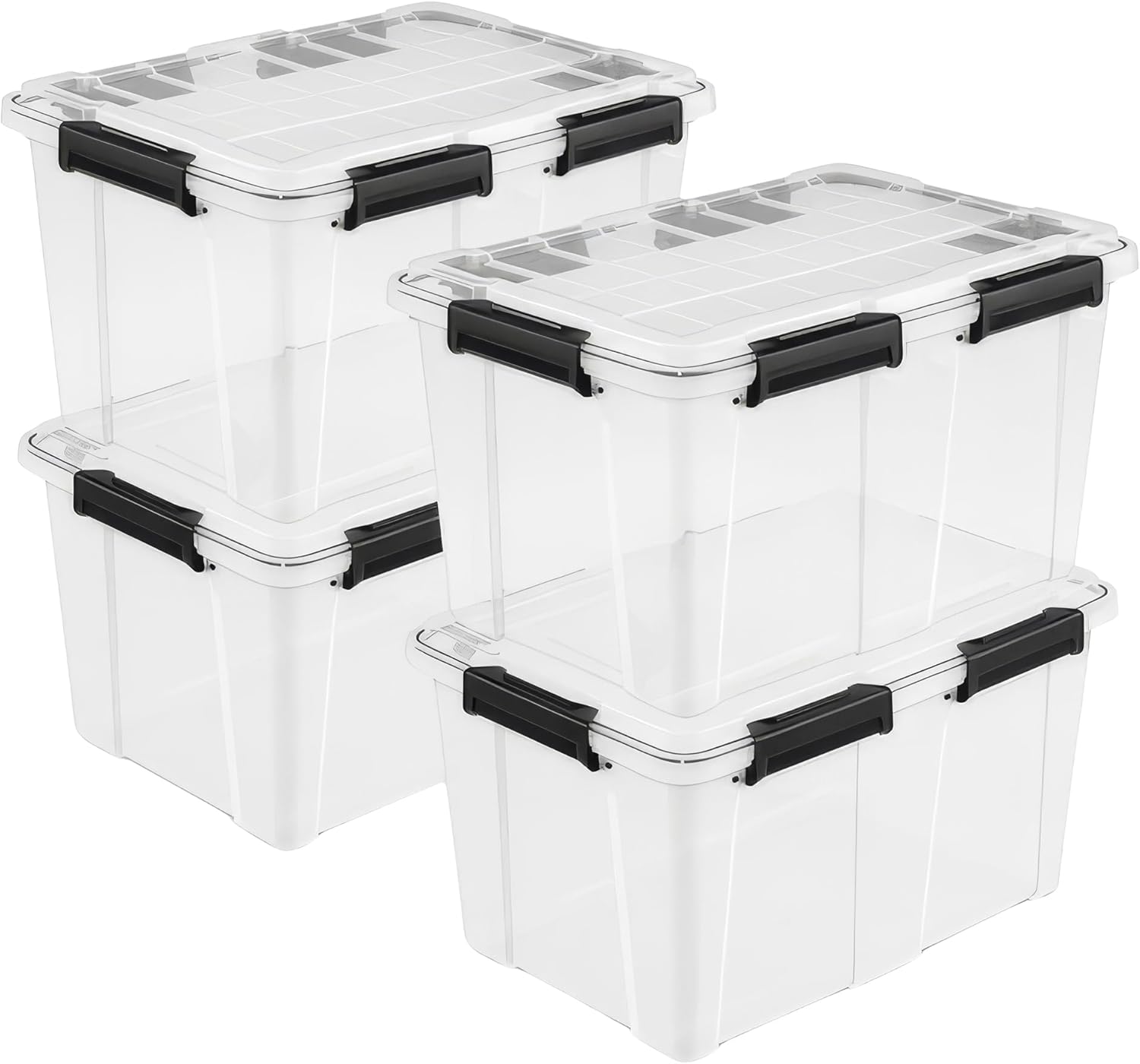 Sterilite 4 Pack 54 Qt Gasket Box, Clear Stackable Plastic Storage Container with Lids, Black - Waterproof Organizer and Dustproof Tote for Home Organization
