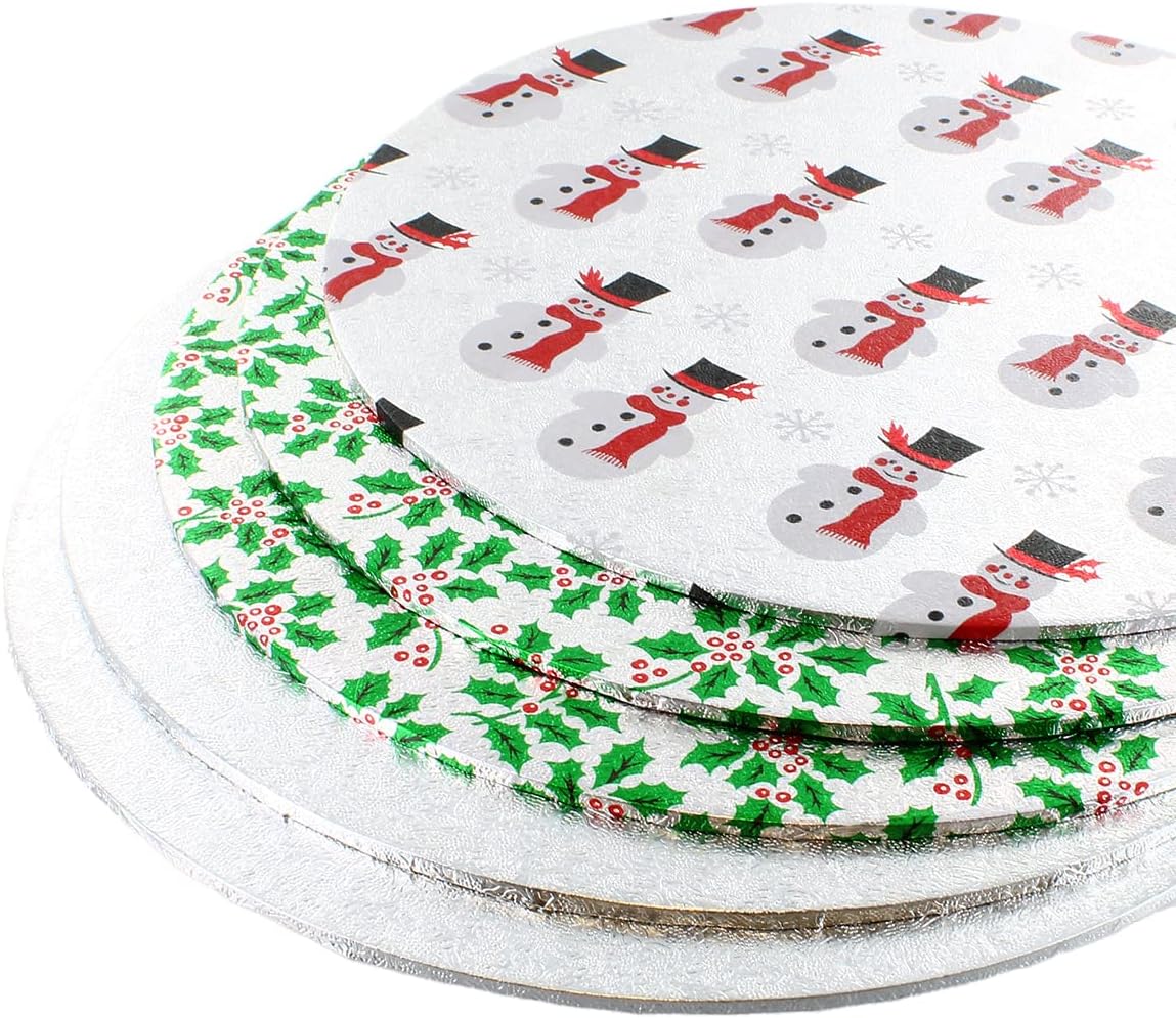Culpitt Silver Selection Christmas Cake Boards, 10", Snowman and Holly Festive Themed, 3mm x 254mm - 5 Pack, 811032