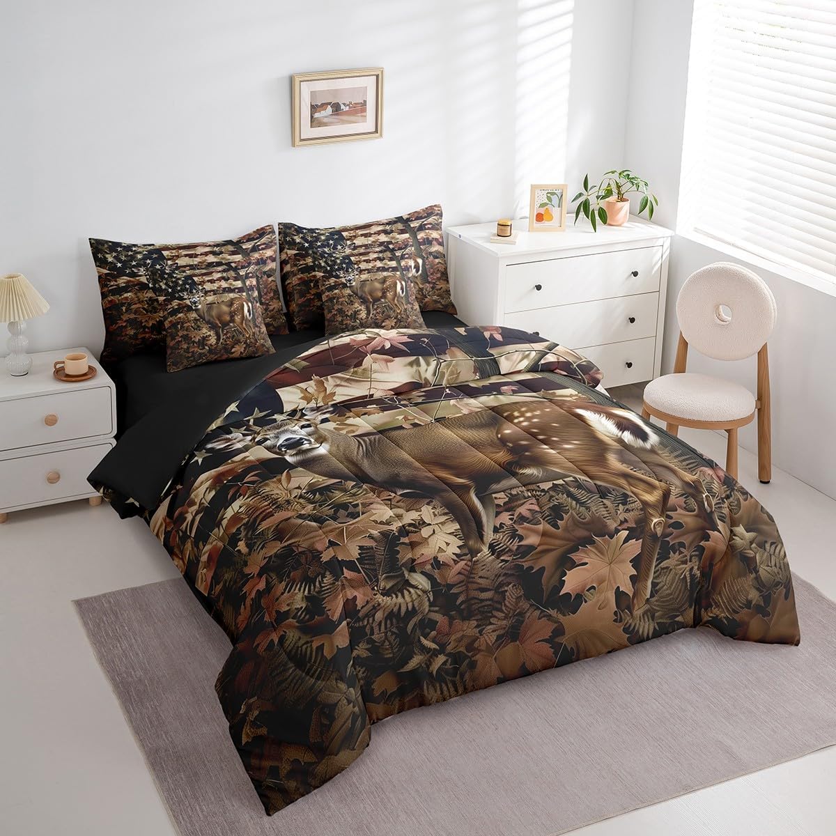 Feelyou 7 Piece Cute Deer Bed in a Bag Full for Boys Kids Deer Hunting Sheet Set,American Flag Camo Bed Set for Girls Women Cabin Deer Bedding Set with Comforter Wildlife Cushion Covers