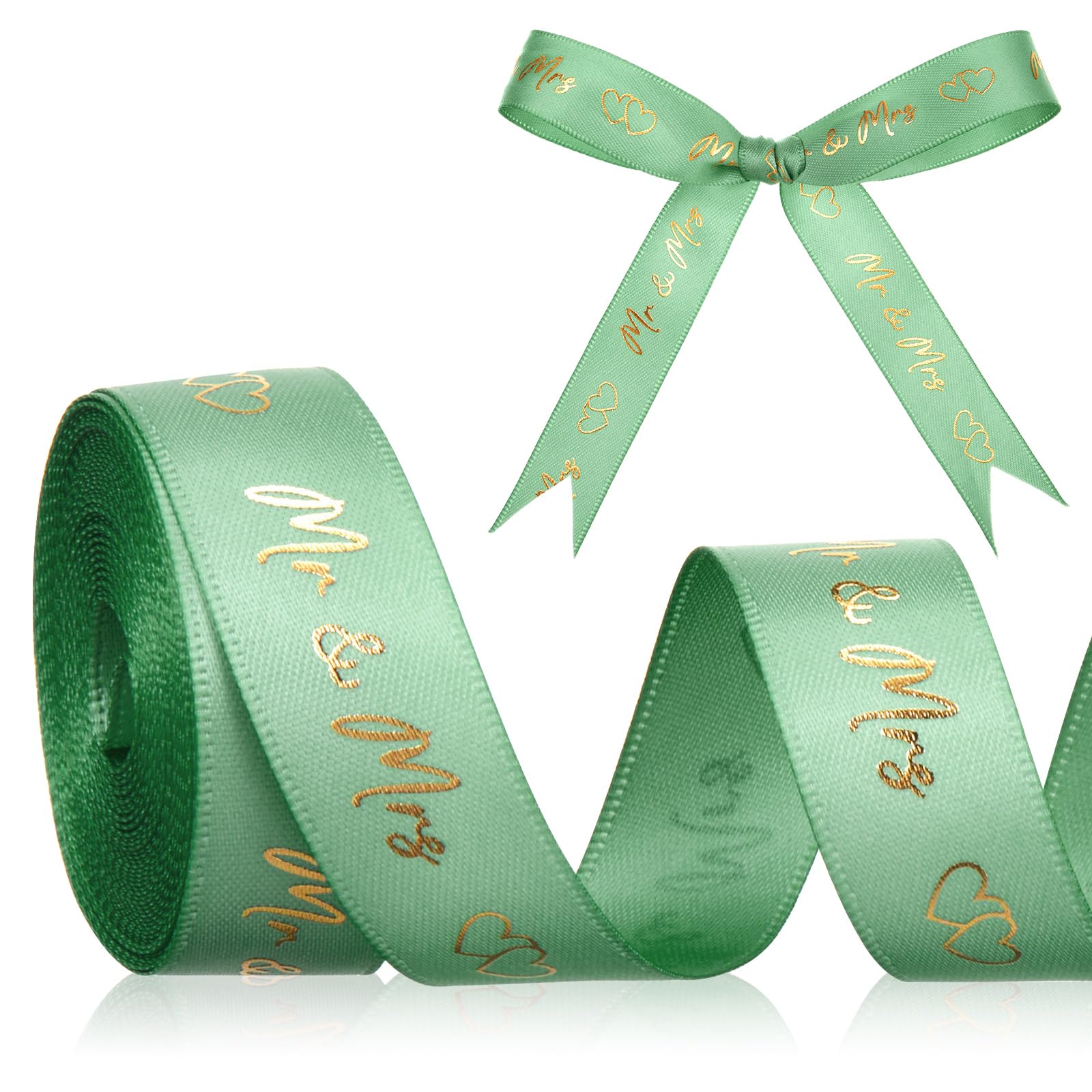Xinnun 5 Yard Mr & Mrs Wedding Ribbon 15 mm Wide Elegant Wedding Ribbon for Gift Wrapping, Cake Decoration Flower Packaging (Green)