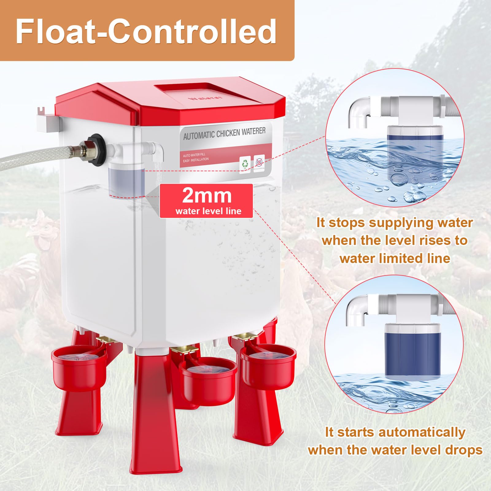 Automatic Chicken Waterer for Continuous Water, Connects to Extension Hose, Poultry Waterer for Chicks, Duck, Goose, Float-Controlled Chicken Water Feeder, Hands-Free