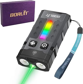 BORUIT EV20L Gift Box Set Rechargeable Flat EDC Flashlight with Green Beam, RGB Side Light, USB-C Pocket Keychain Light, Magnetic Tail, Clip, IP66 Water-Resistant for Camping Outdoor Emergency