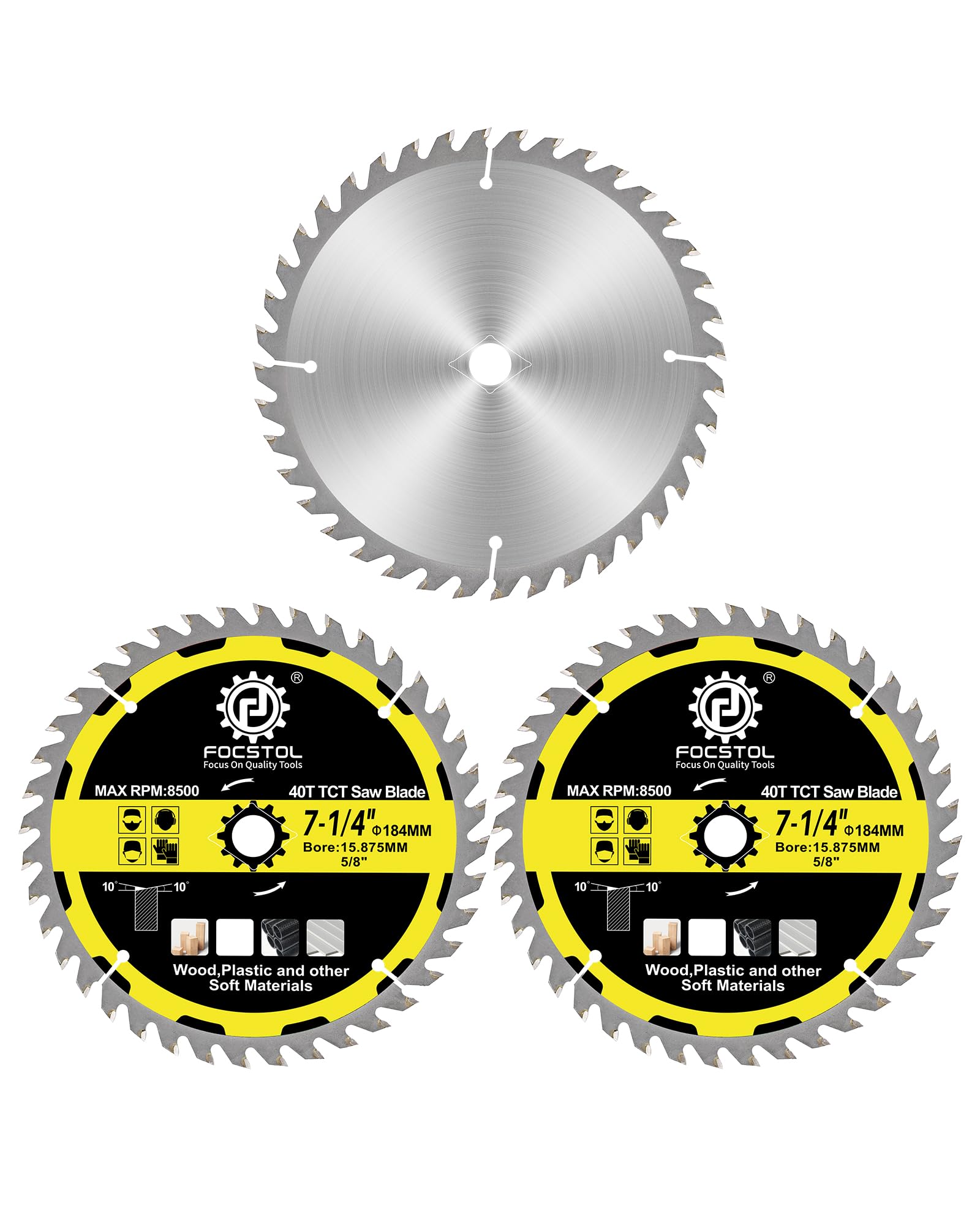 FOCSTOL Wood Cutting Circular Saw Blade 184mm - 3pcs 40 Tooth TCT Cutting Blade for Cutting Wood, Plywood, Particle Board, Plastics and Other Soft Materials