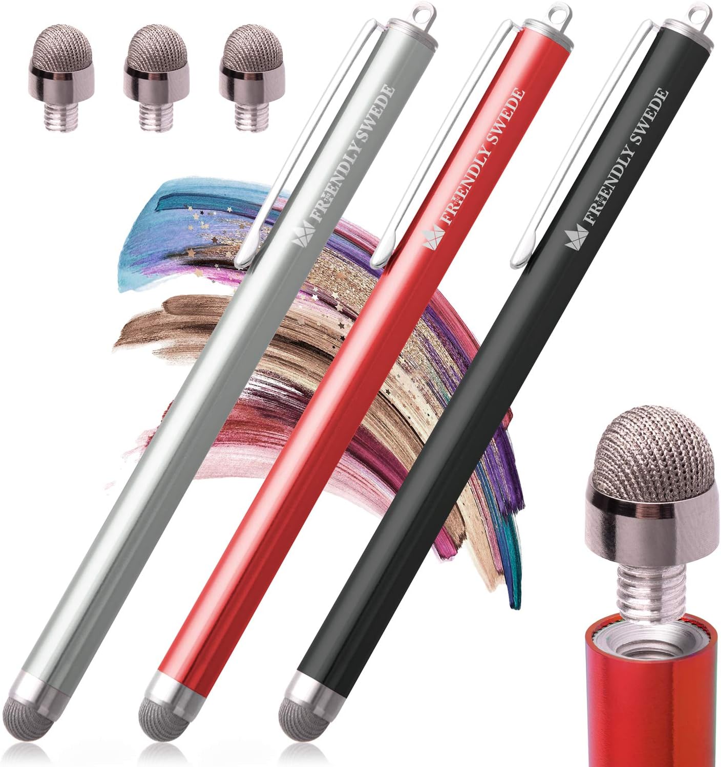 The Friendly Swede Stylus Pen Replaceable Micro-Knit Mesh Tip - Capacitive Touchscreen Stylus Tablet Styli with Lanyards Screen Cleaning Cloth and Replacement Tips (3 Pack)