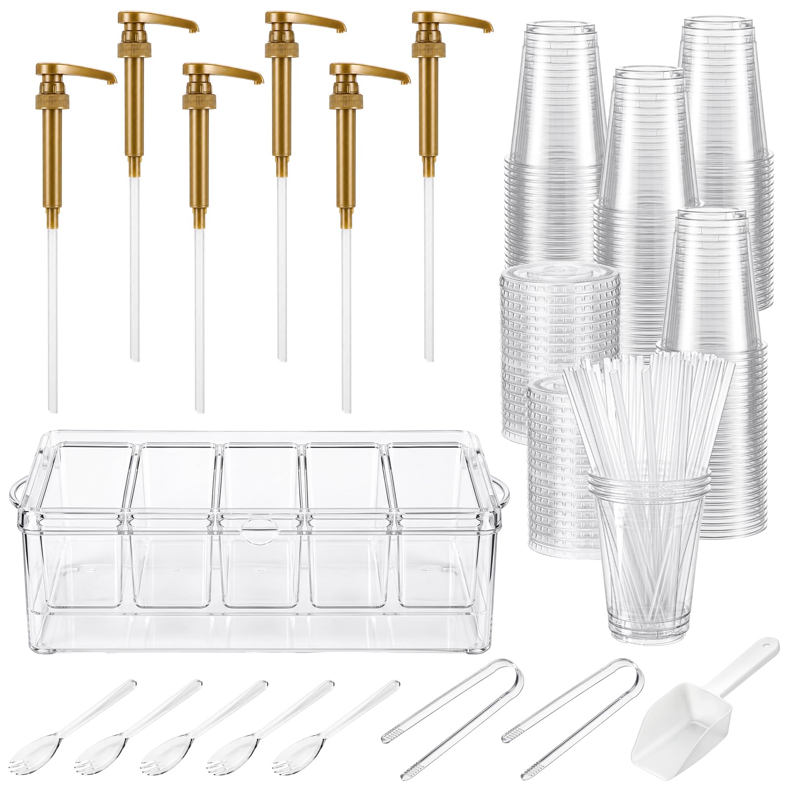 Thenshop Lot de 107 accessoires de bar - Plateau de garniture à condiments - Lot de 100 gobelets jetables avec pailles, 6 pompes distributrices de bouteilles de 350 ml - Organisation complète de