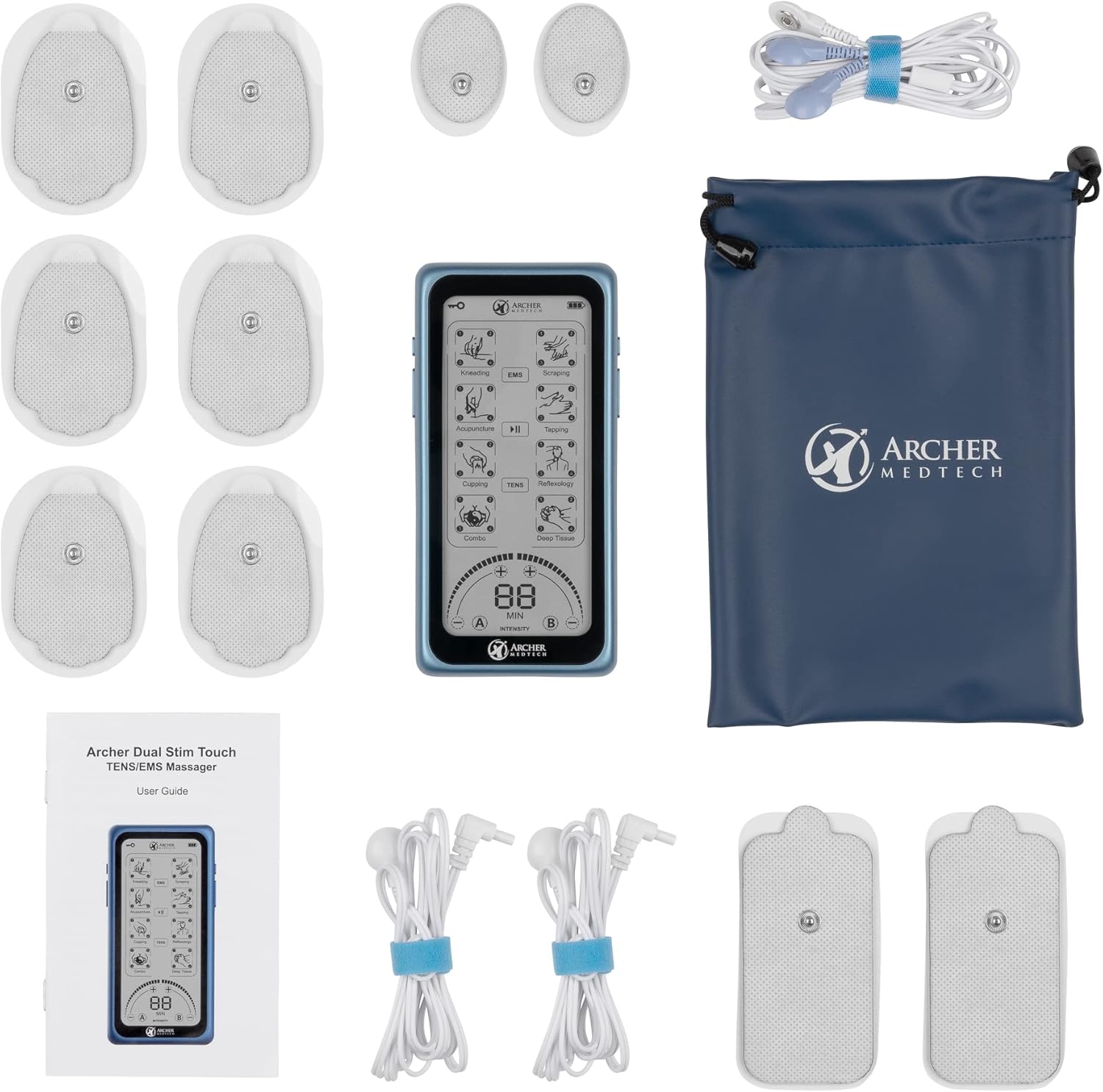 Dual Stim Touch TENS/EMS Unit – Rechargeable Touchscreen Muscle Stimulator with Dual Output Ports and 32 Massage & Stimulation Modes – Durable, Portable, Professional Quality Device