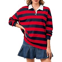 Womens Oversized Striped Polo Sweatshirt Long Sleeve Rugby Collared Pullover Tops Loose Fit Shirt