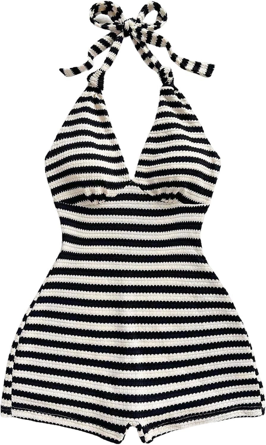 GORGLITTER Women's Backless Halter Shorts Rompers Dressy Summer Vacation Sexy Striped Open Back One Piece Jumpsuit